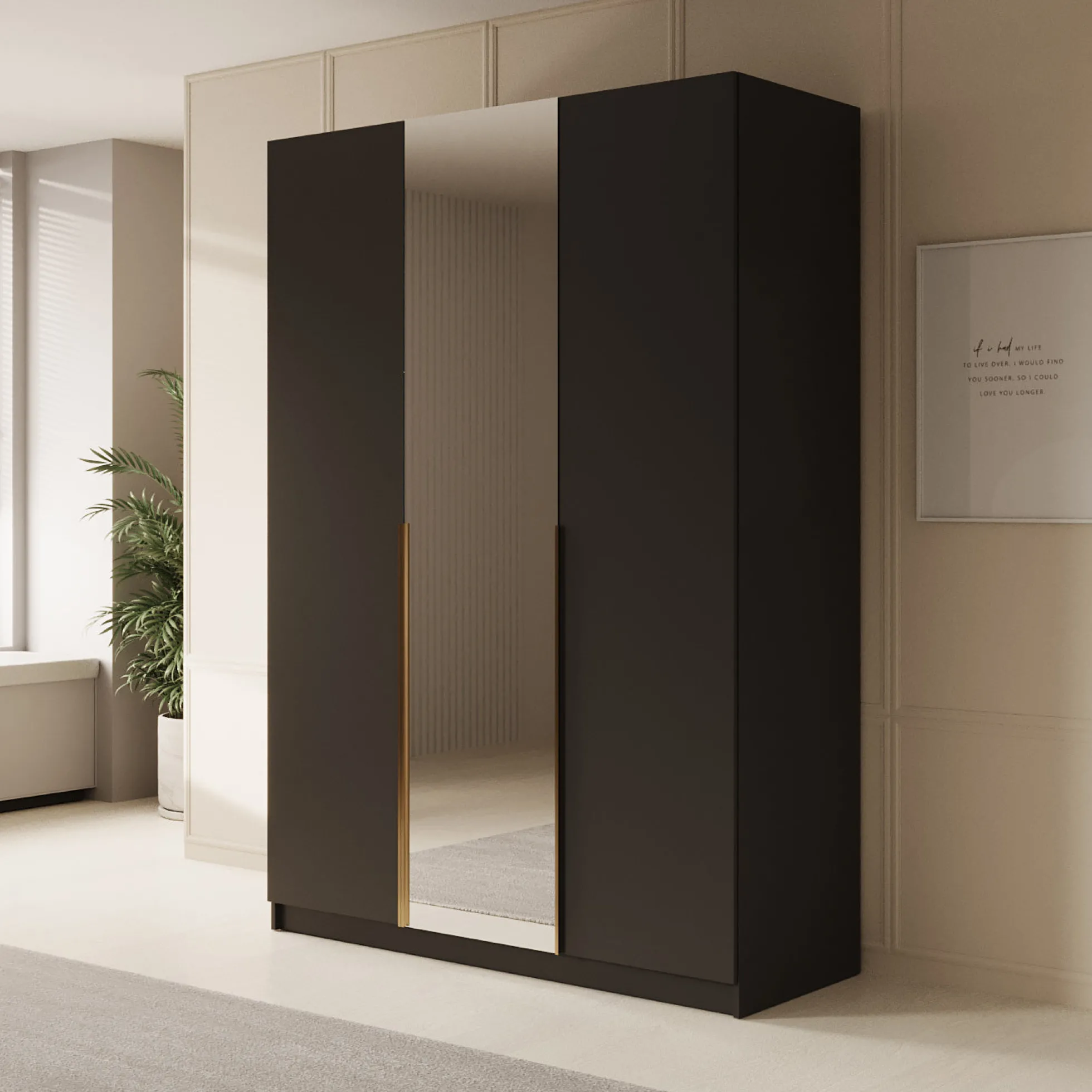 Sabre 2 - Kledingkast met spiegel - Zwart - 150x58x215 cm