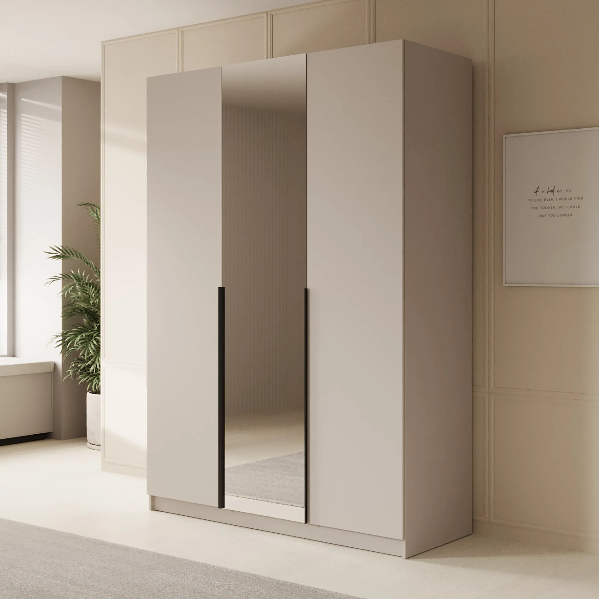 Sabre - Kledingkast met spiegel - Beige - 150x58x215 cm