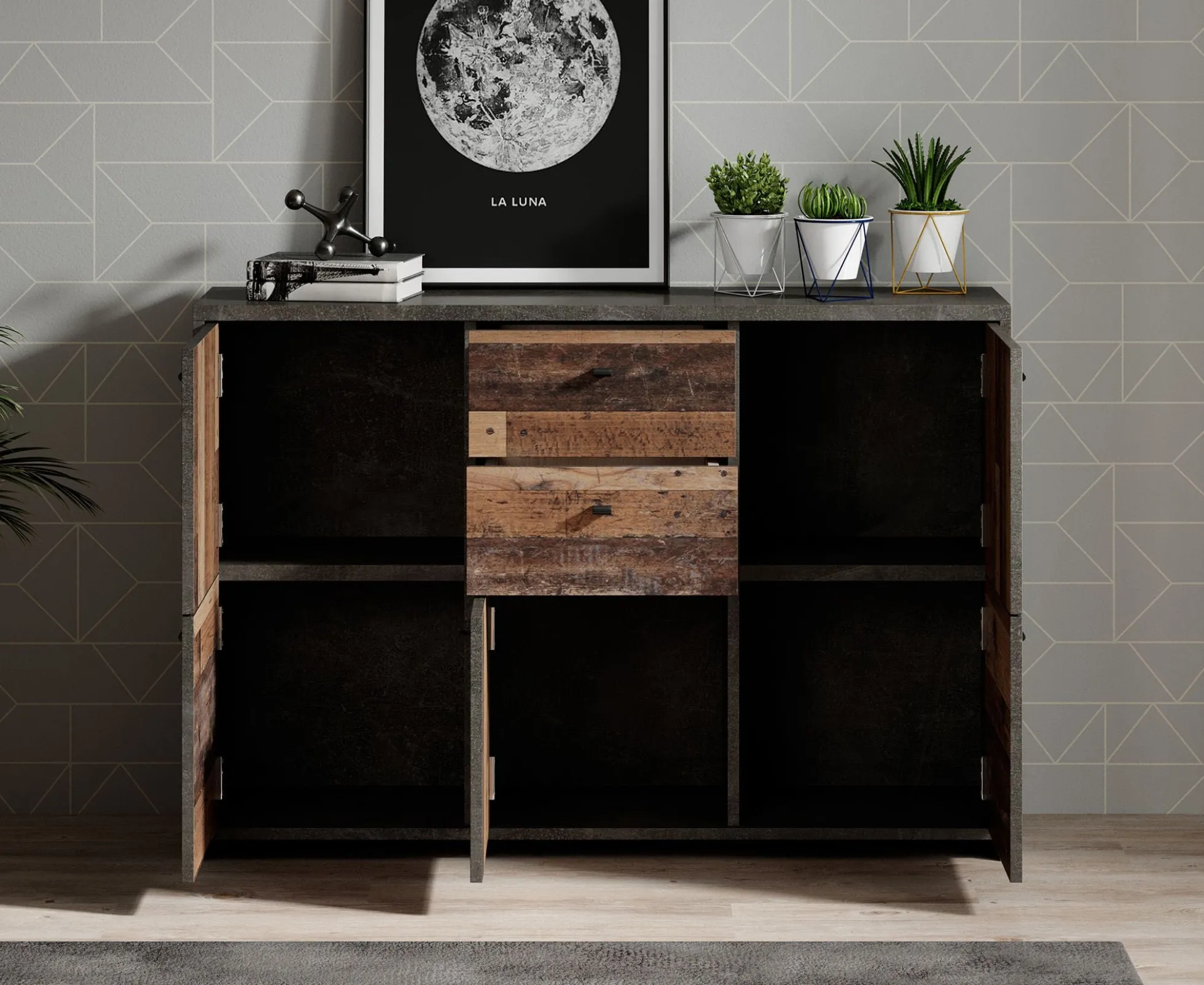 Sahara 4 - Dressoir - Old wood/grijs - 114x30x77 cm