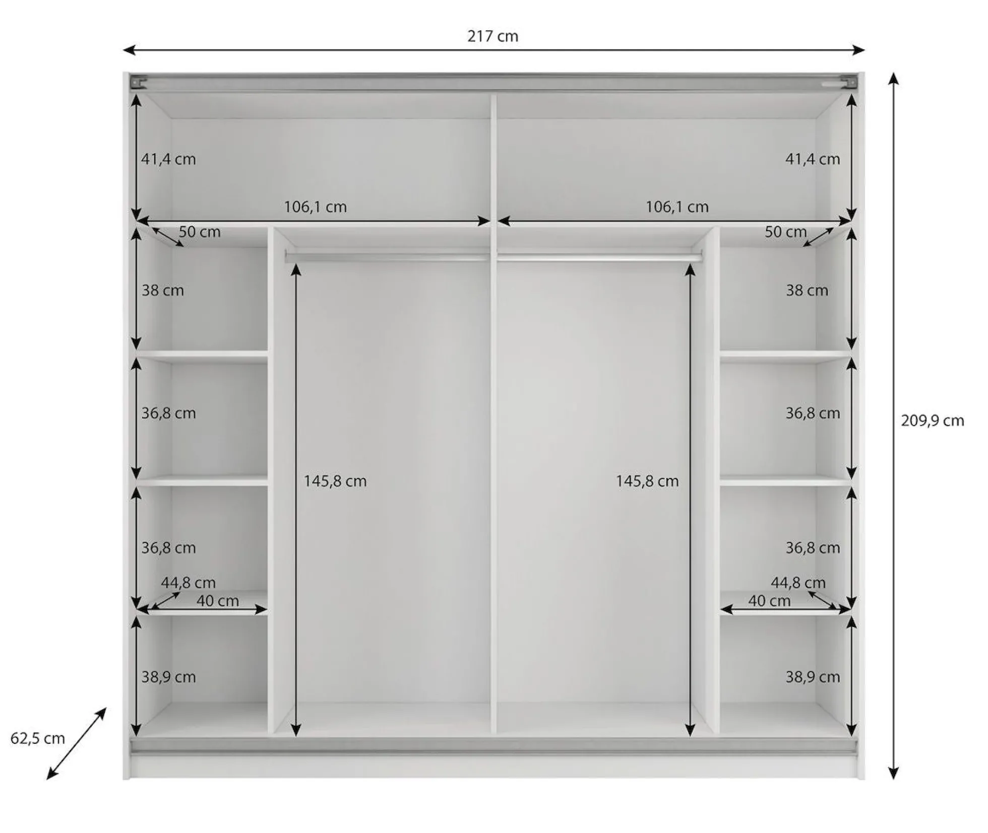 Samantha - Kledingkast met schuifdeuren - Wit - 217x62x210 cm