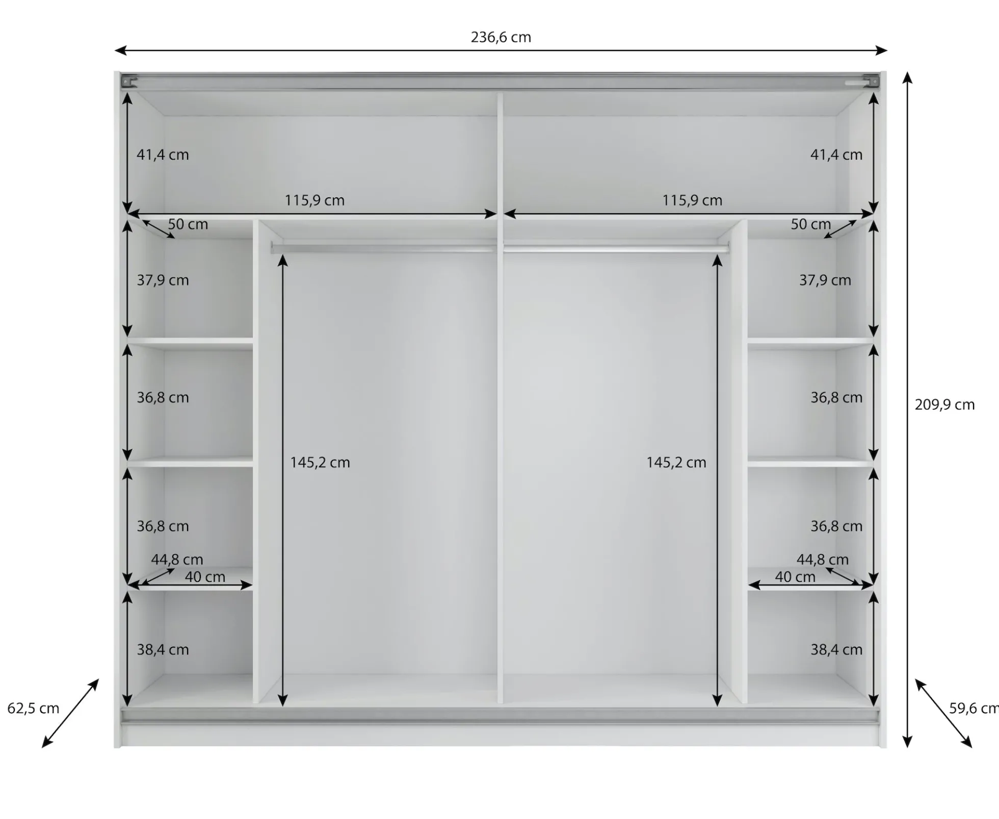 Samantha - Kledingkast met schuifdeuren - Wit - 237x62x210 cm