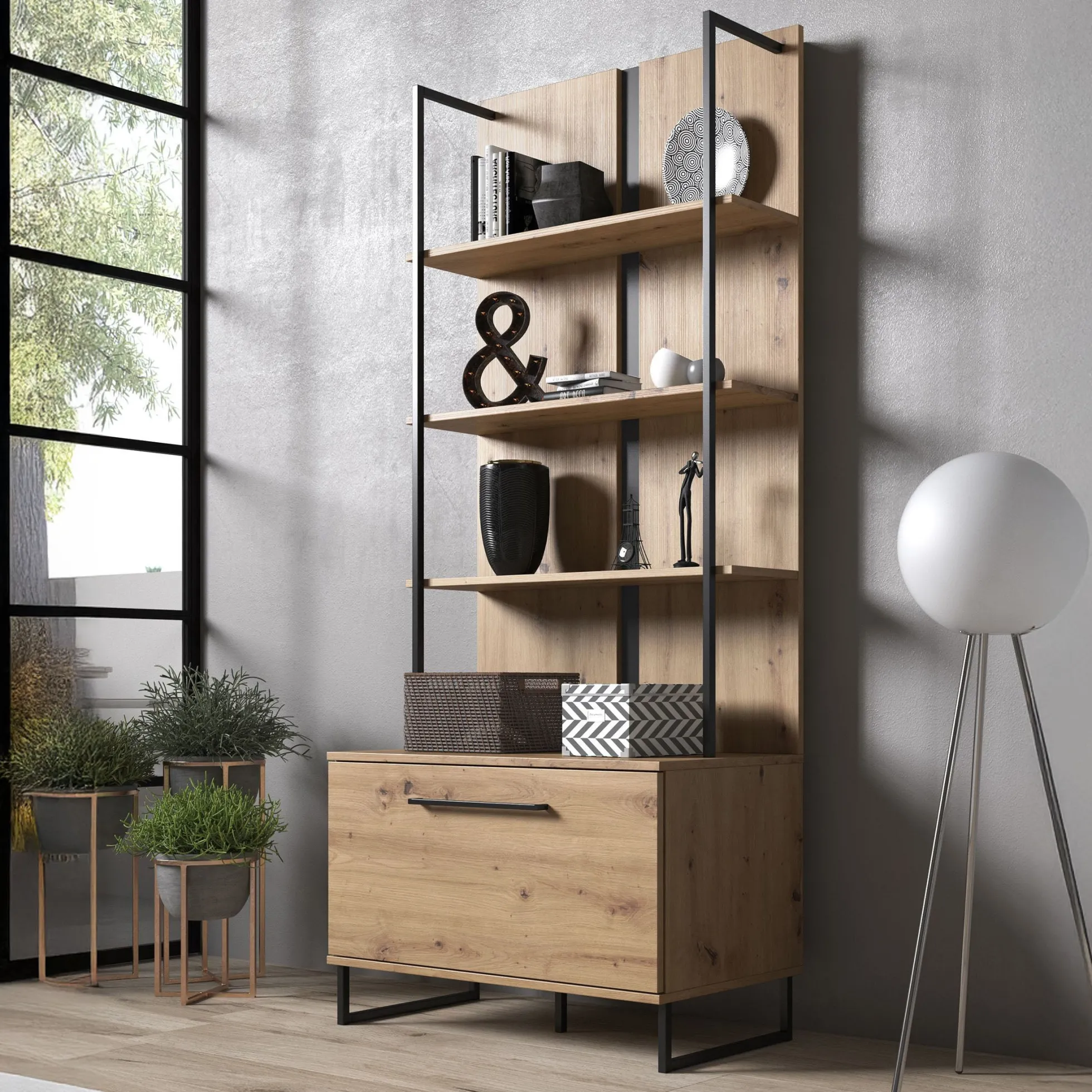 Saturn - Boekenkast - Eiken/zwart - 85x42x192 cm