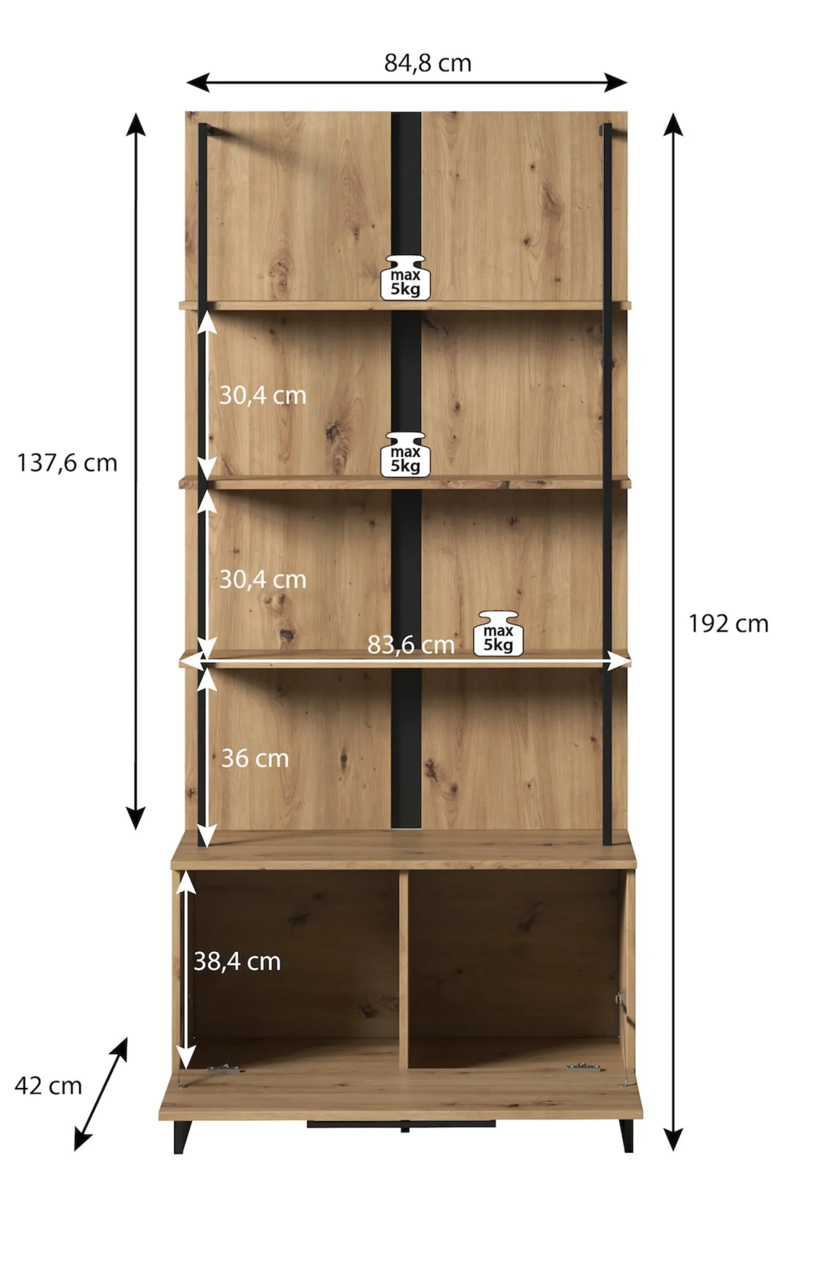 Saturn - Boekenkast - Eiken/zwart - 85x42x192 cm