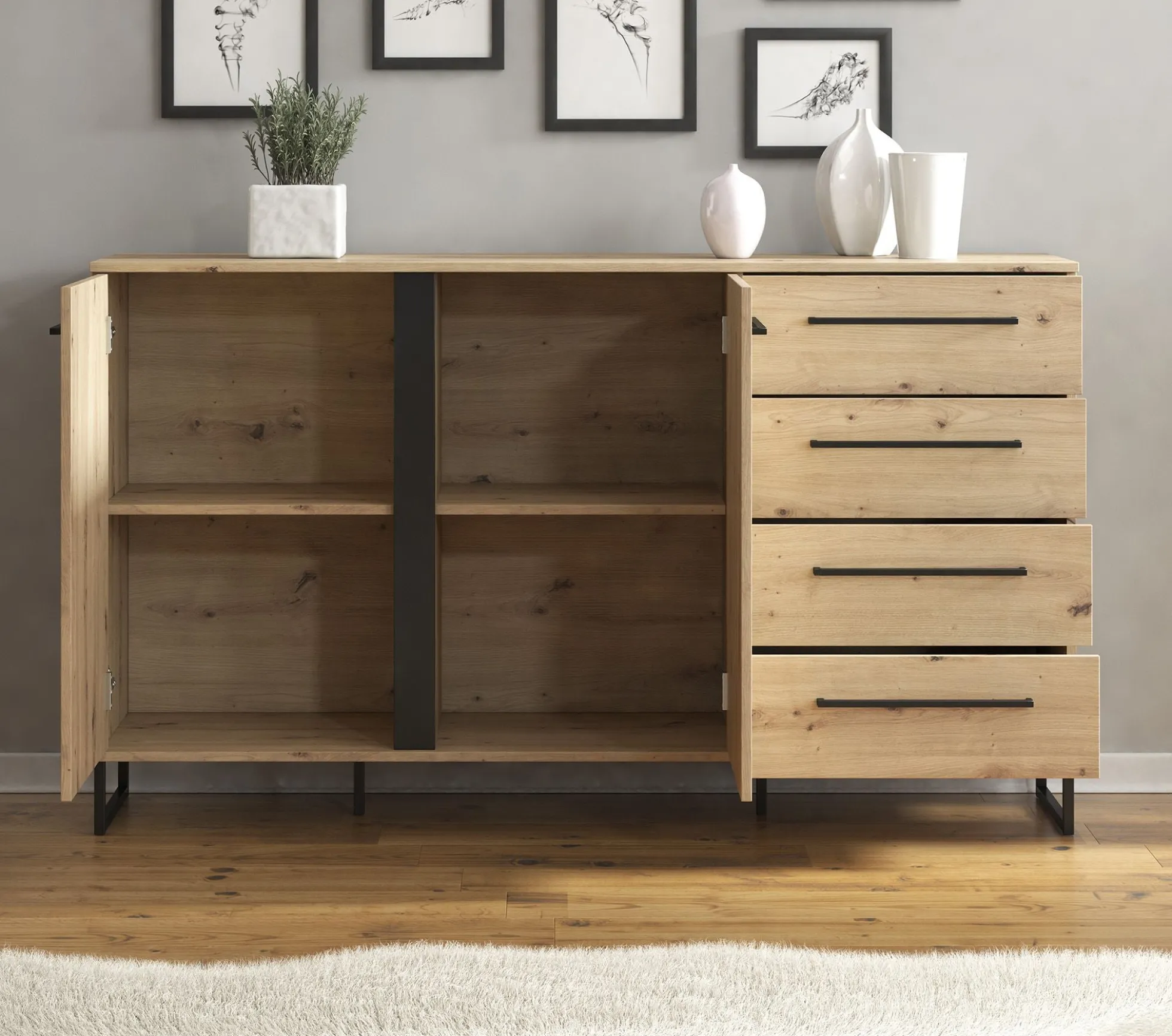 Saturn - Dressoir - Eiken/zwart - 159x42x93 cm