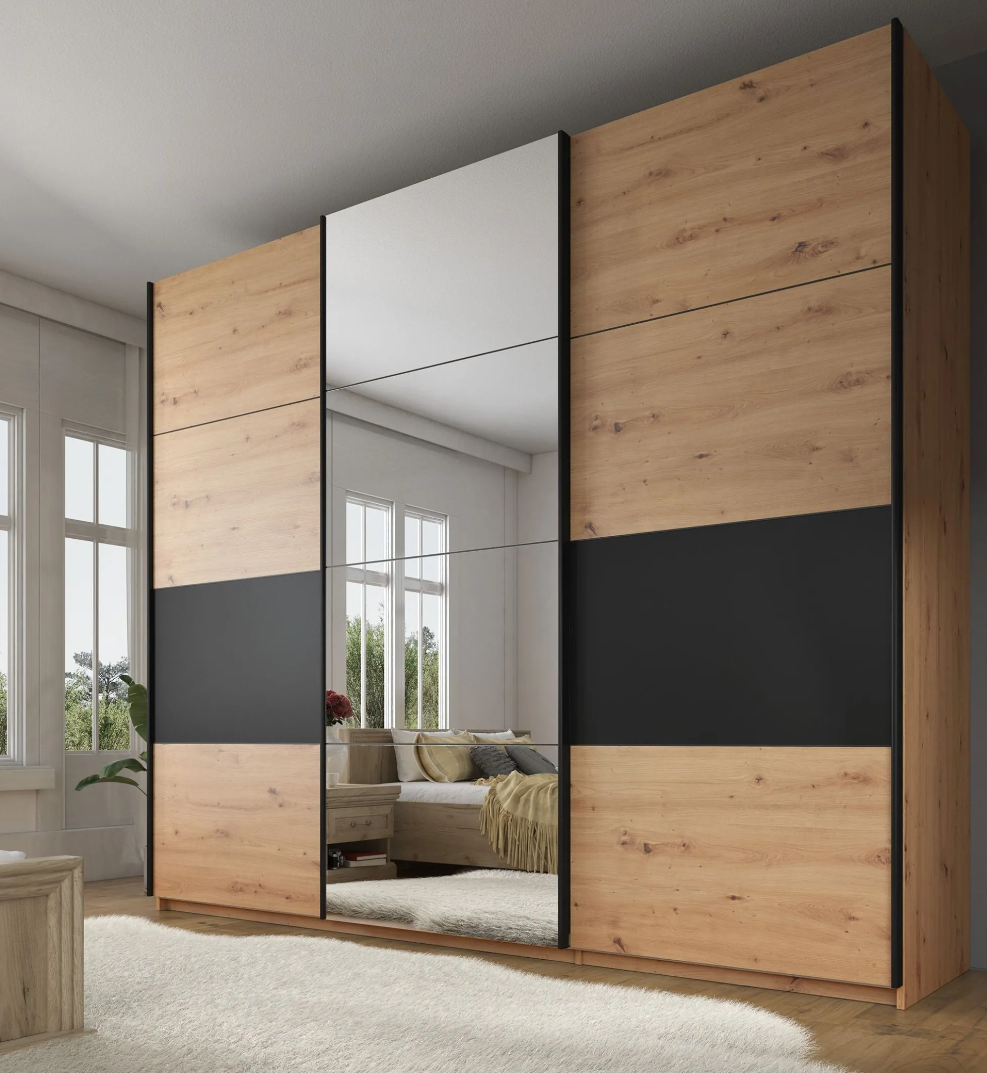 Saturn - Kledingkast met schuifdeuren - Eiken/zwart - 263x66x224 cm