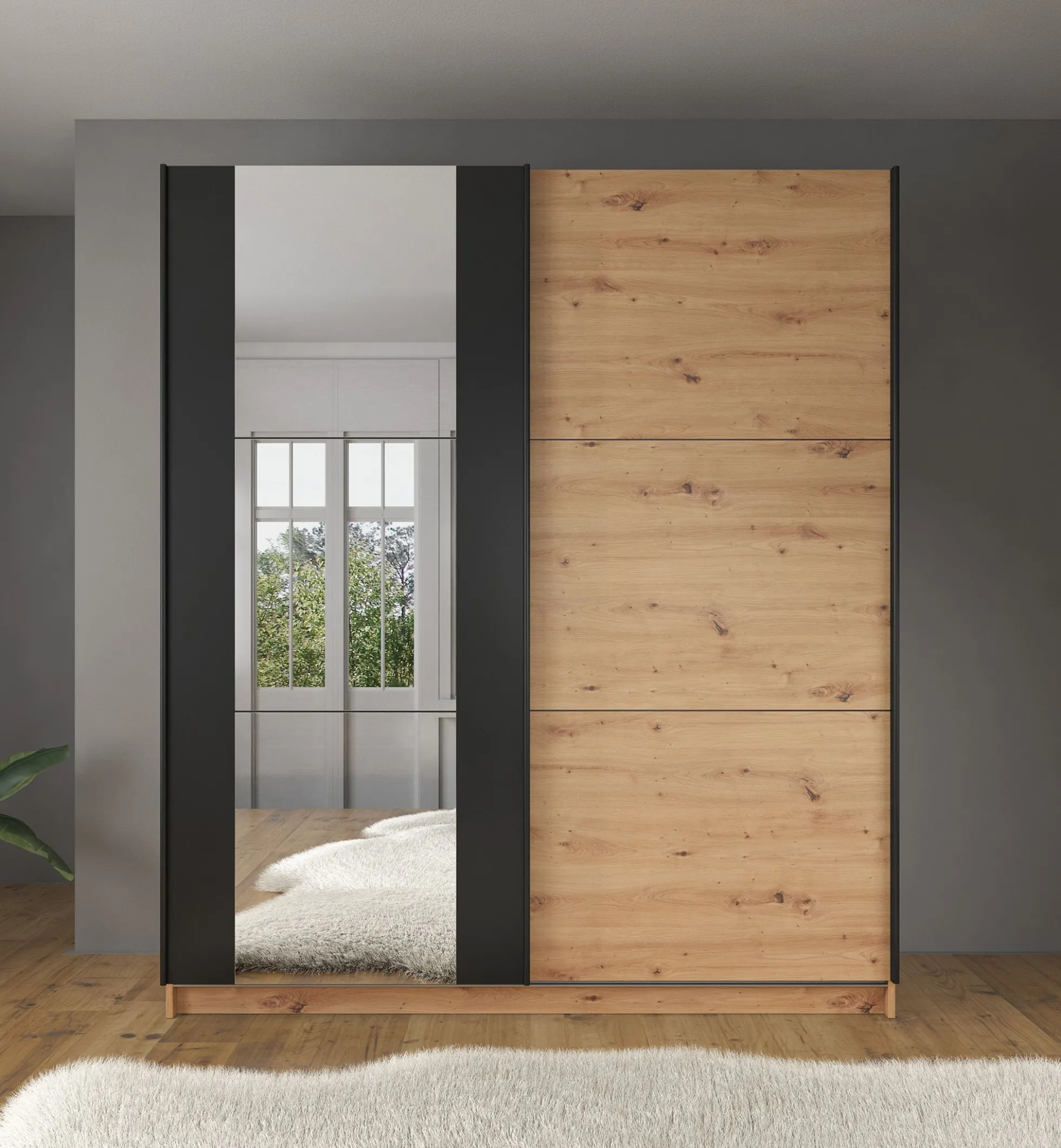 Saturn - Kledingkast met schuifdeuren - Eiken/zwart - 179x63x210 cm