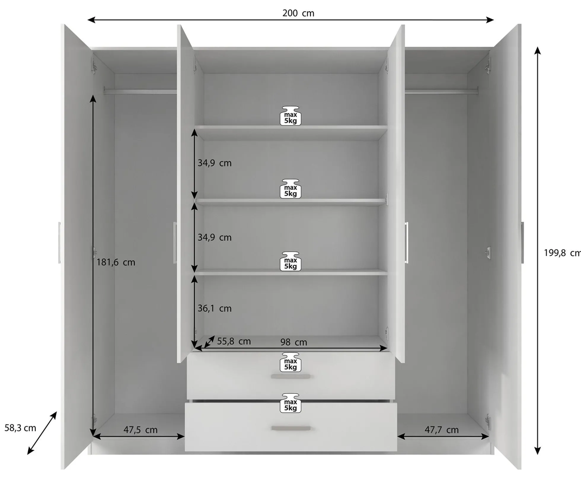 Savona - Kledingkast 4-deurs - Wit - 200x58x200 cm