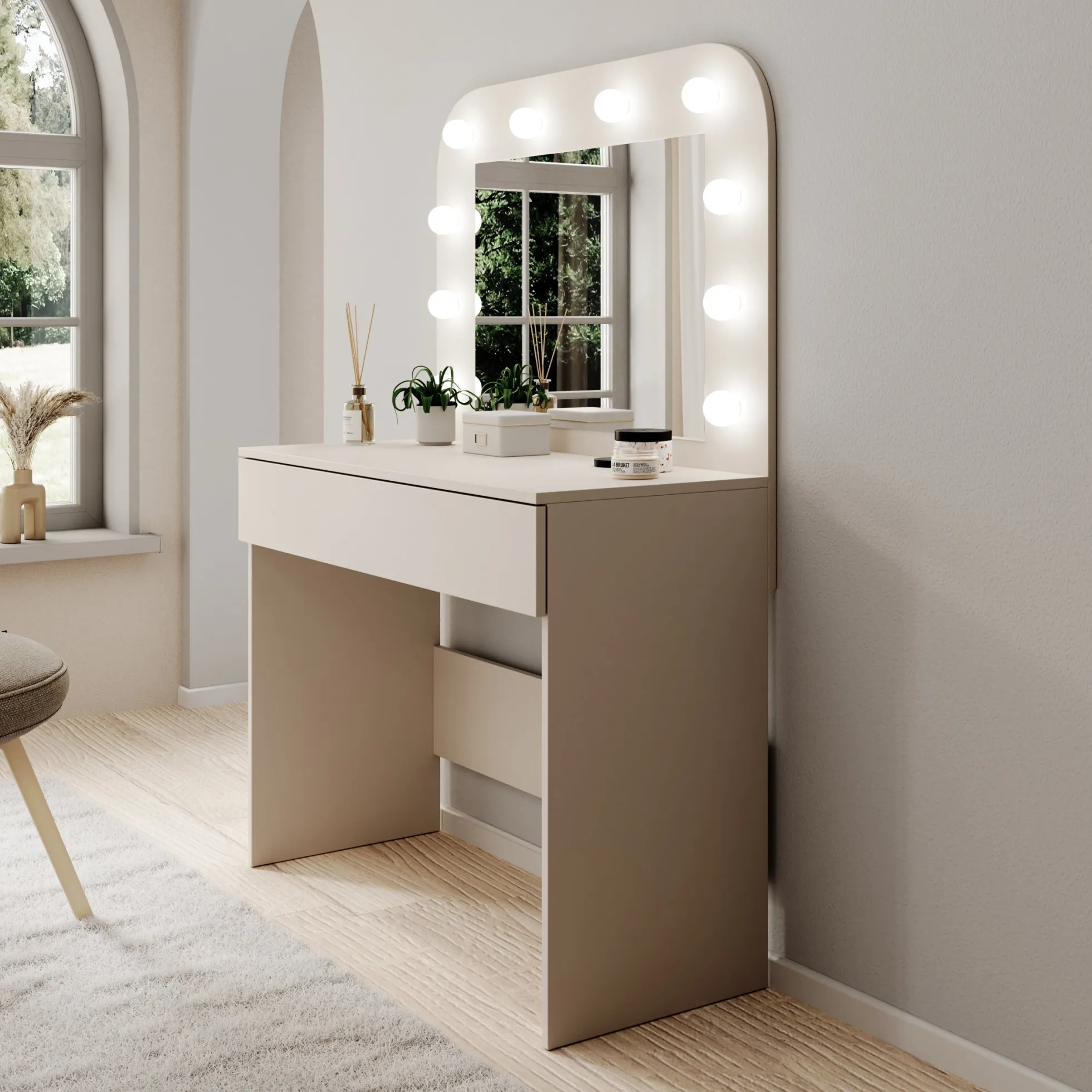 Savoy - Kaptafel met spiegel en verlichting - Beige - 100x43x143 cm
