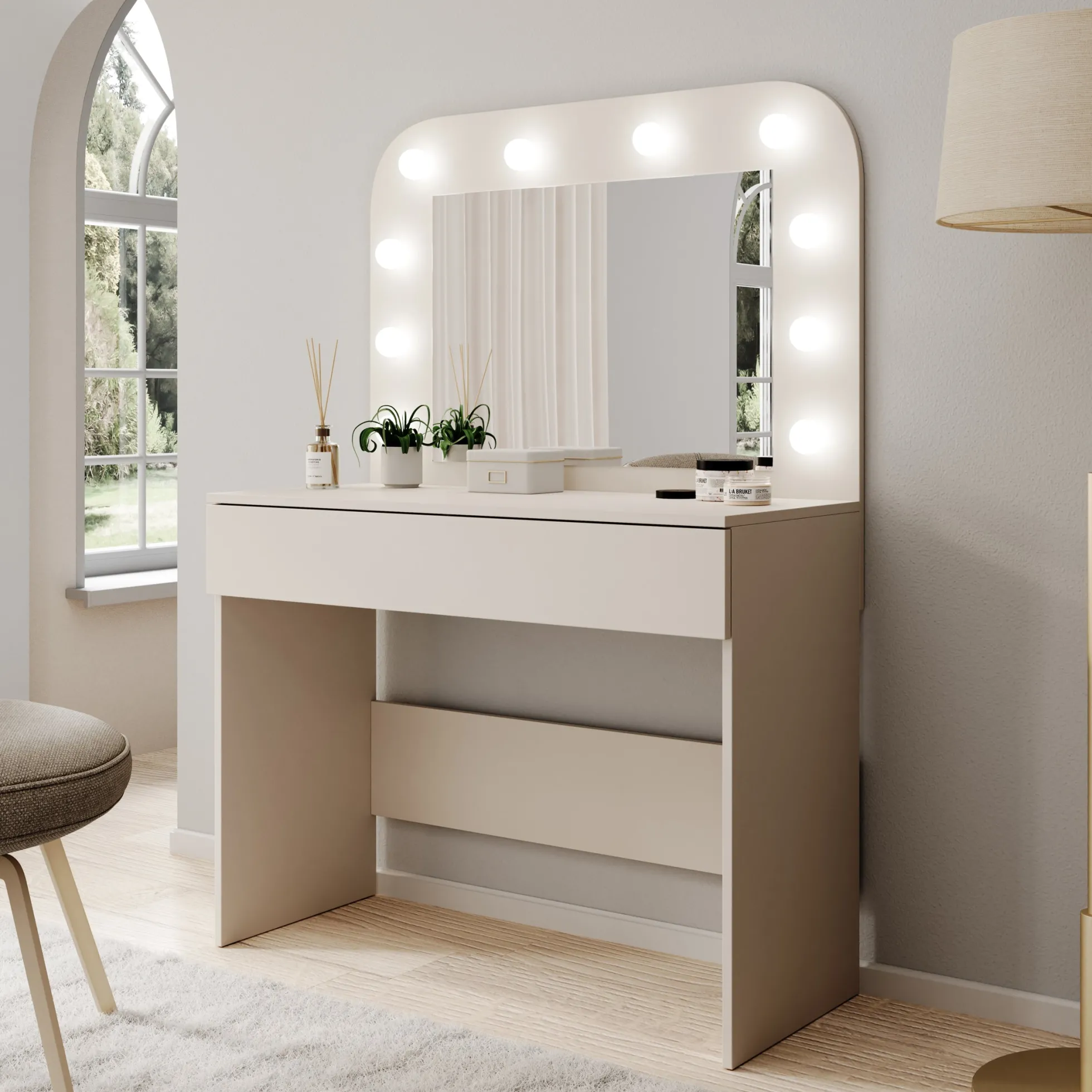 Savoy - Kaptafel met spiegel en verlichting - Beige - 100x43x143 cm