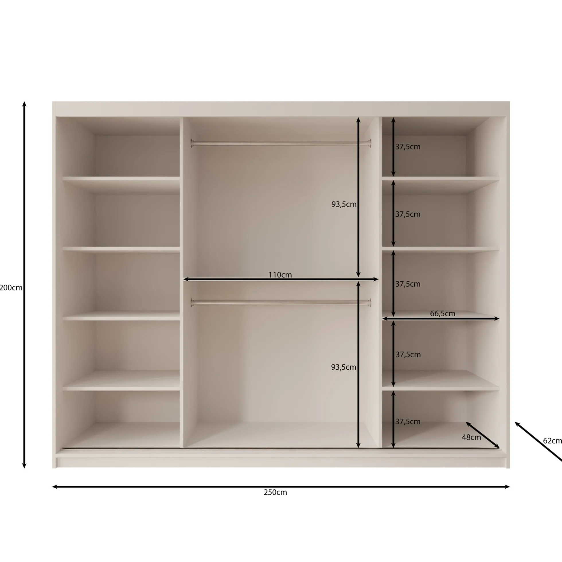 Sentoji - Kledingkast met 3 schuifdeuren - Zwart - 250x62x200 cm