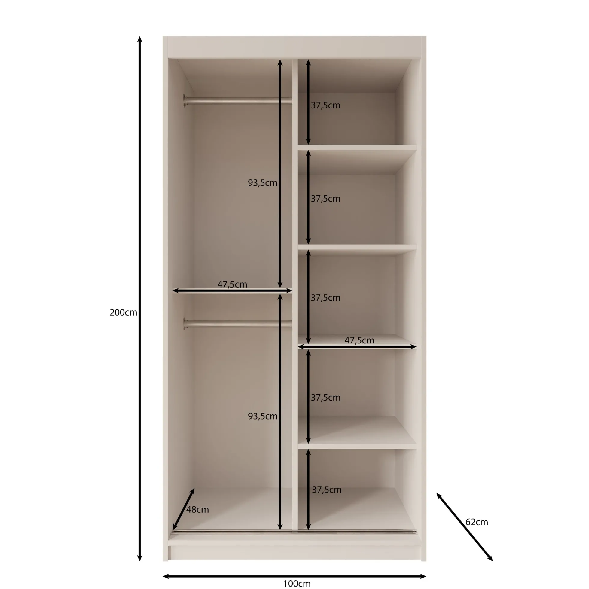 Sentoji - Kledingkast met 2 schuifdeuren - Zwart - 100x62x200 cm