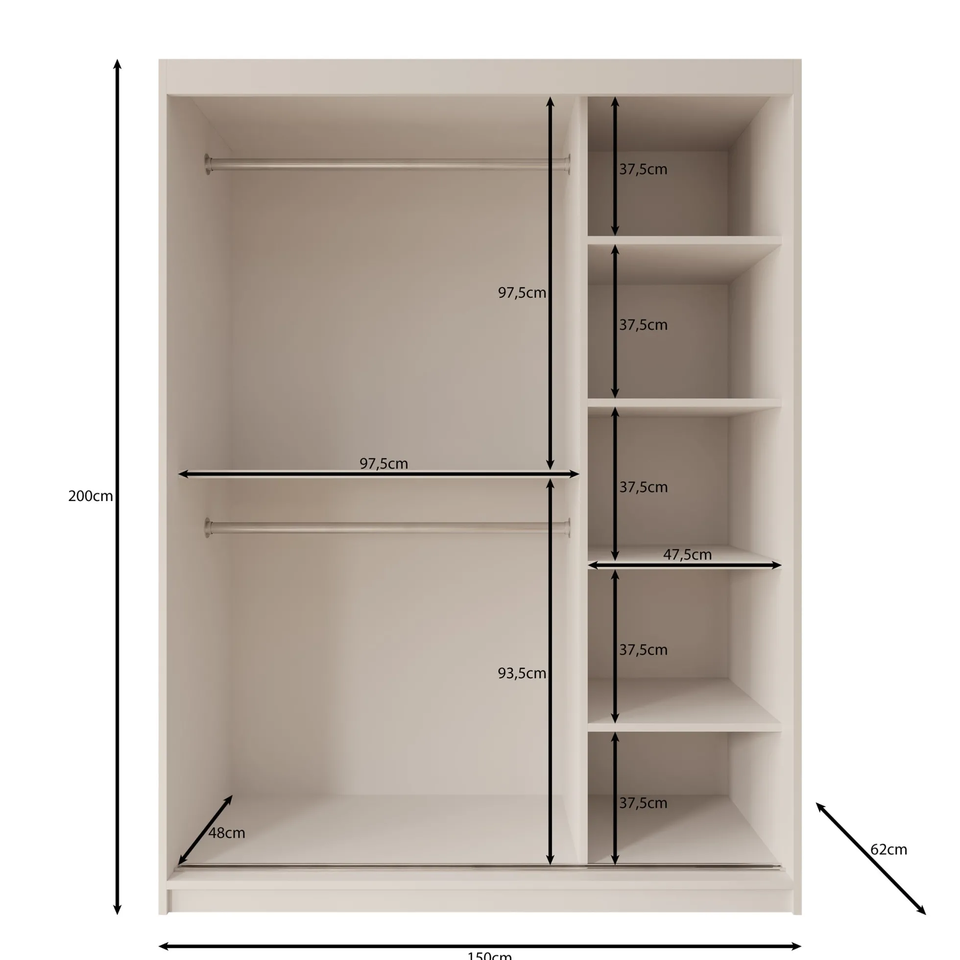 Sentoji - Kledingkast met 2 schuifdeuren - Wit - 150x62x200 cm