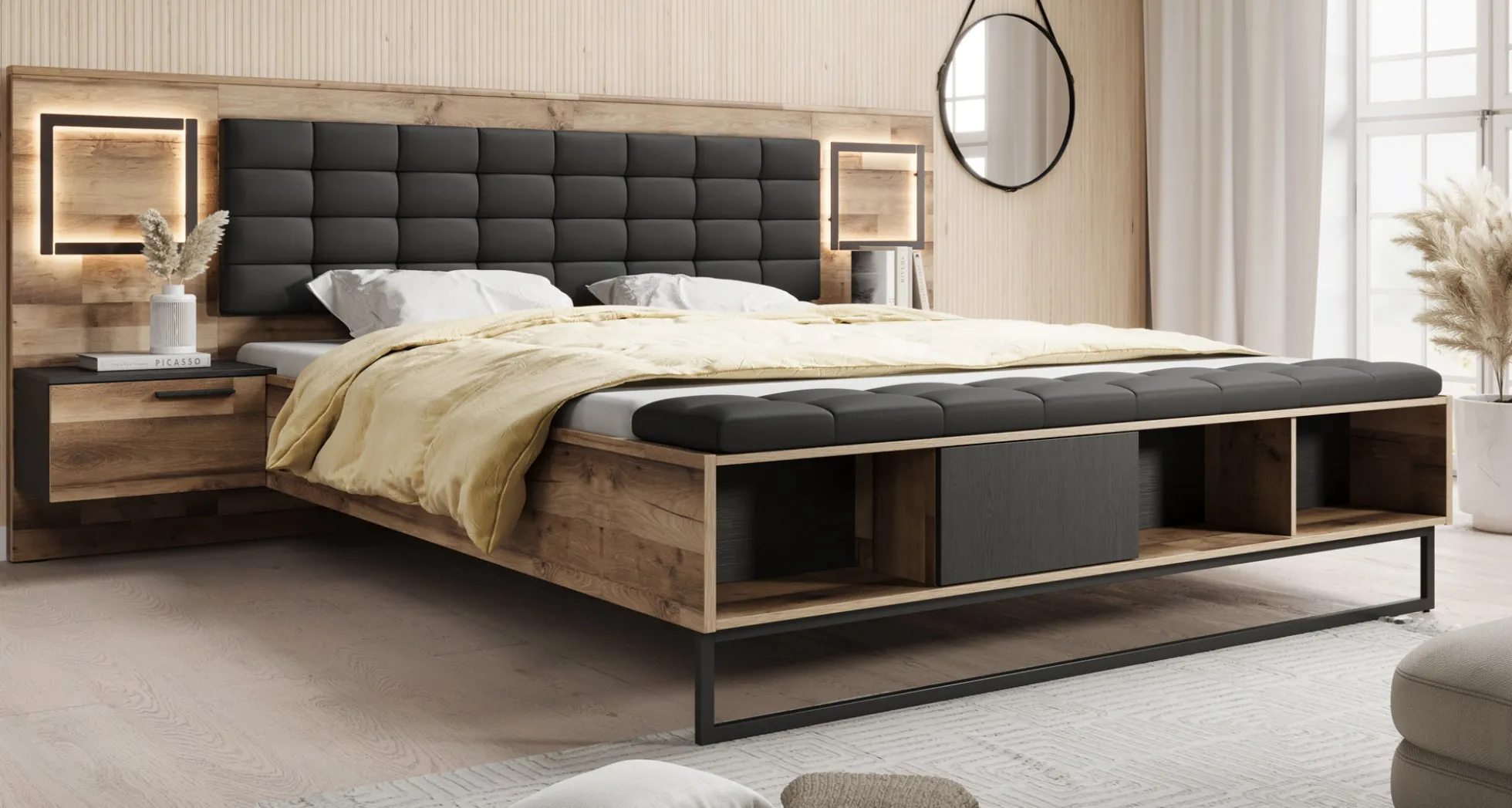 Serena - Tweepersoonsbed met nachtkastjes - Eiken - 180x200 cm