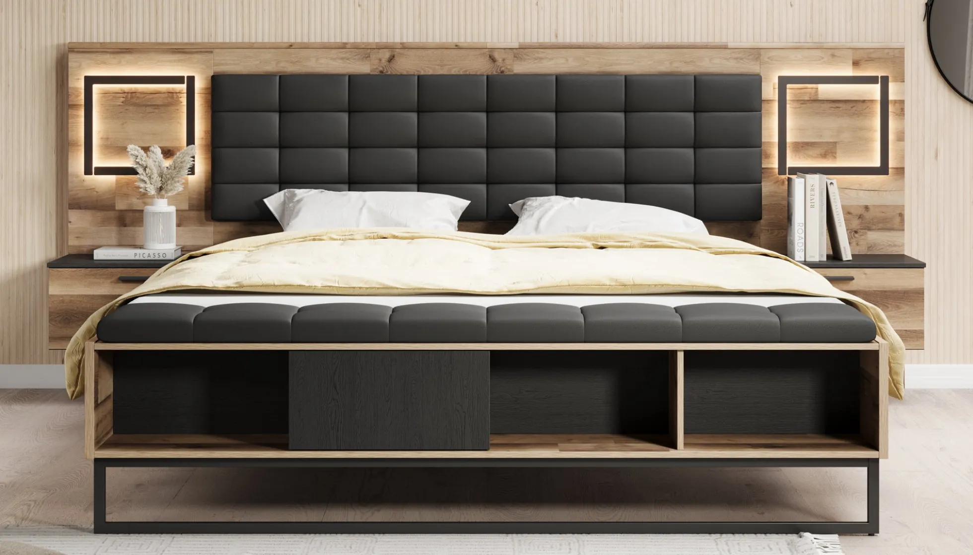 Serena - Tweepersoonsbed met nachtkastjes - Eiken - 180x200 cm