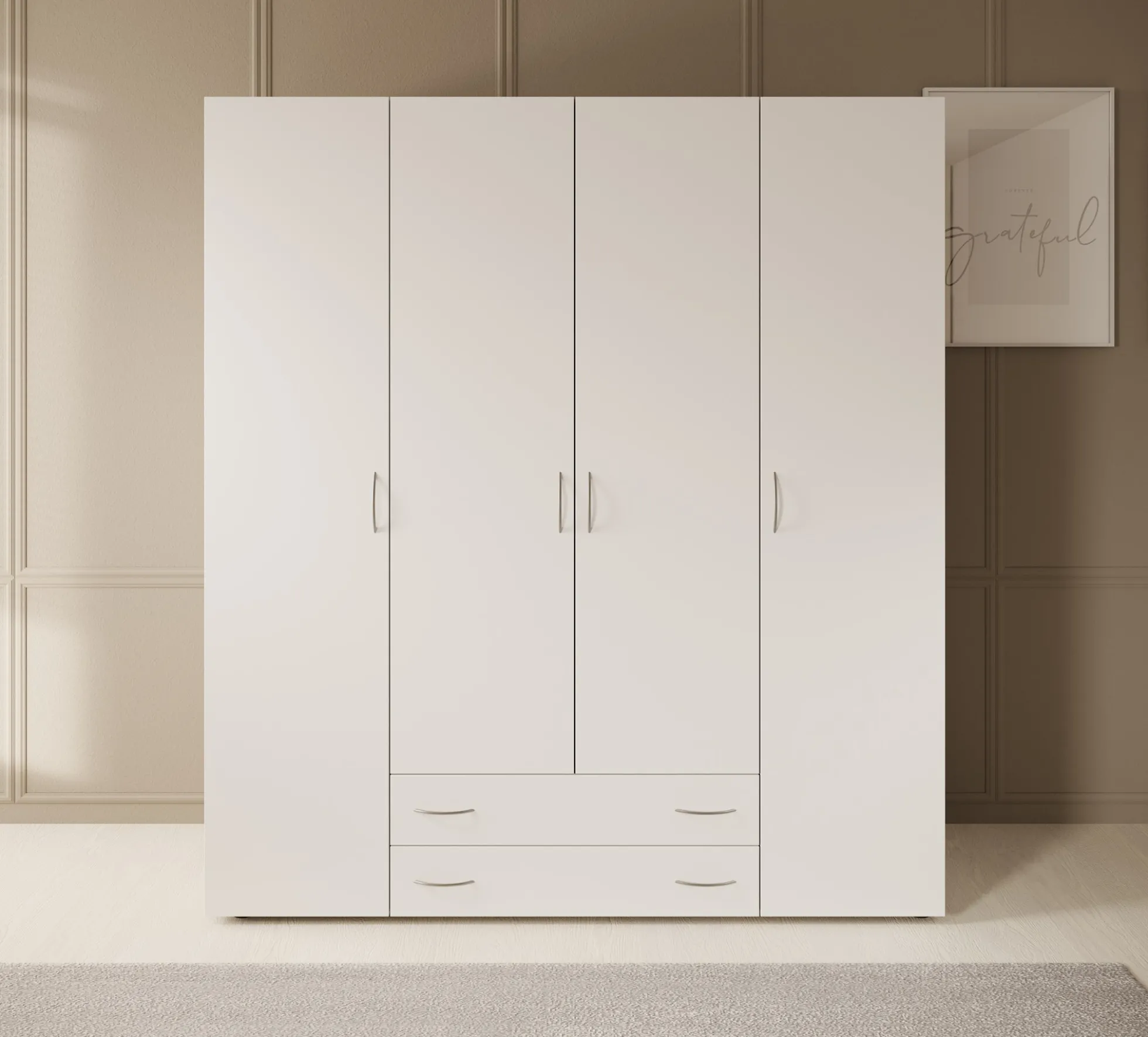 Serra - Kledingkast 4-deurs - Wit/licht eiken - 160x51x177 cm