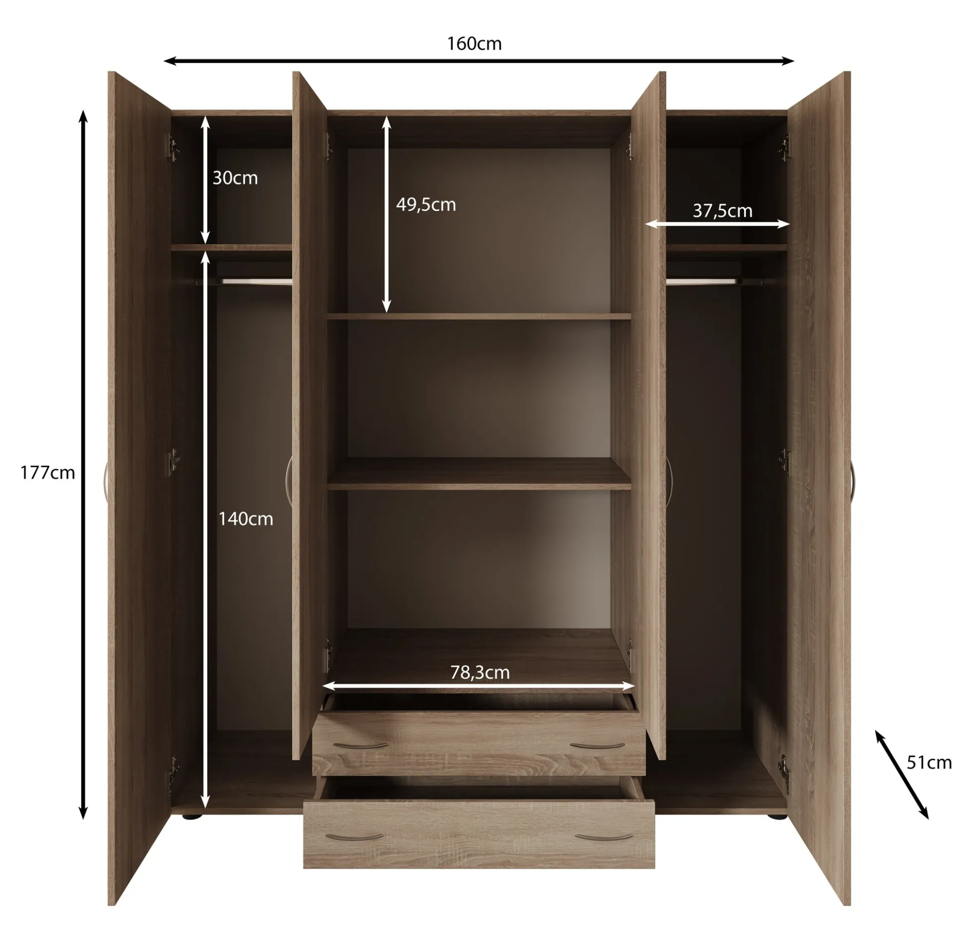 Serra - Kledingkast 4-deurs - Wit/licht eiken - 160x51x177 cm