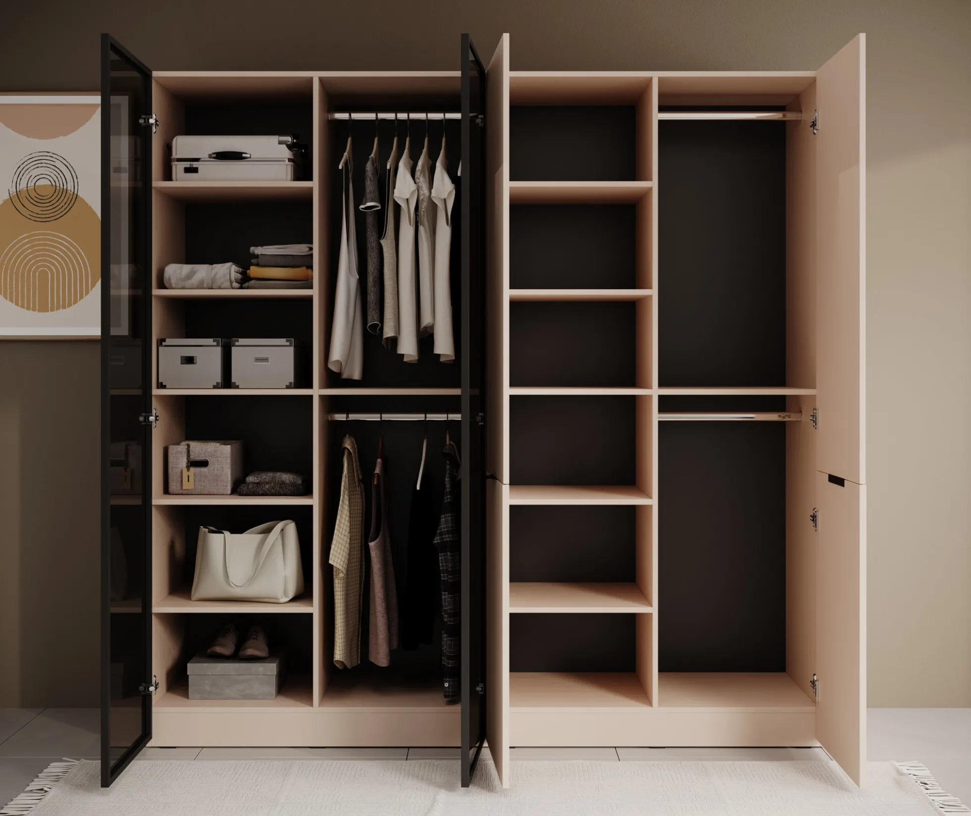 Shelton - Kledingkast 4-deurs van glas - Beige