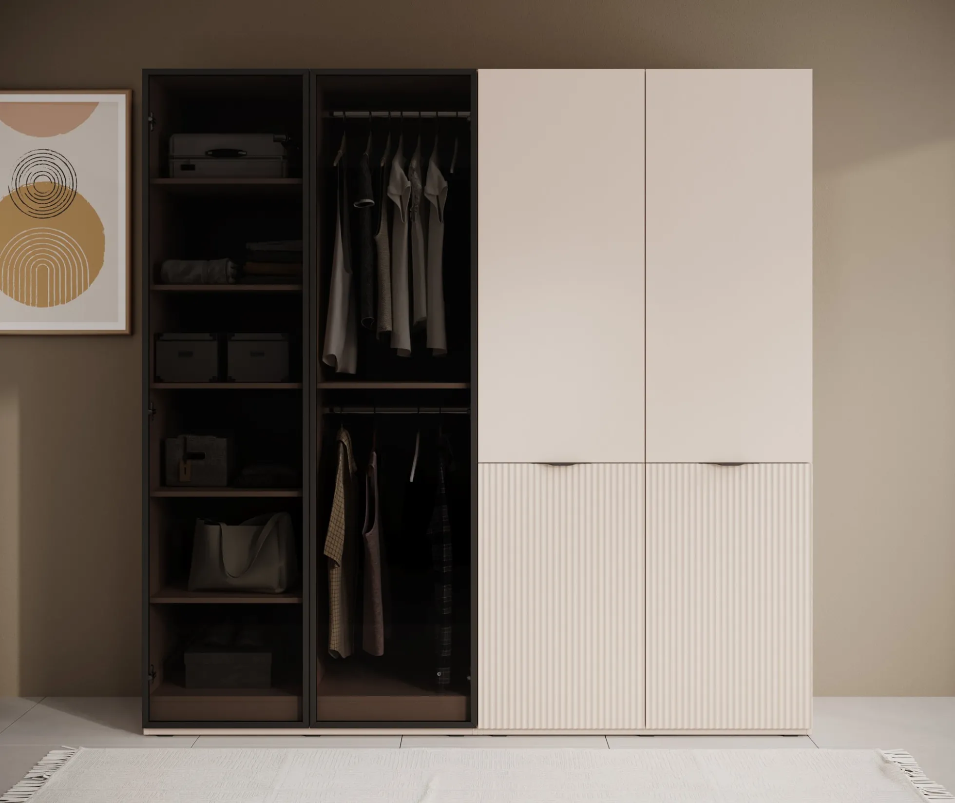 Shelton - Kledingkast 4-deurs van glas - Beige