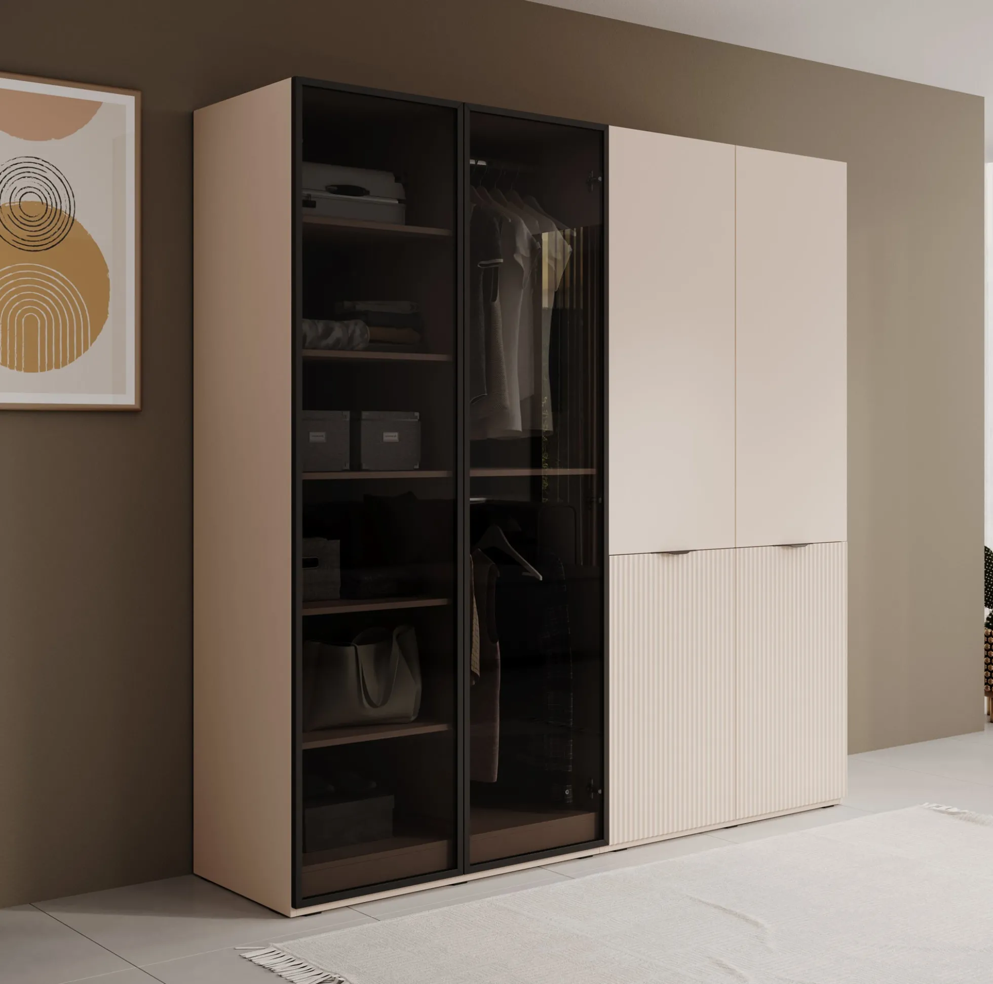 Shelton - Kledingkast 4-deurs van glas - Beige