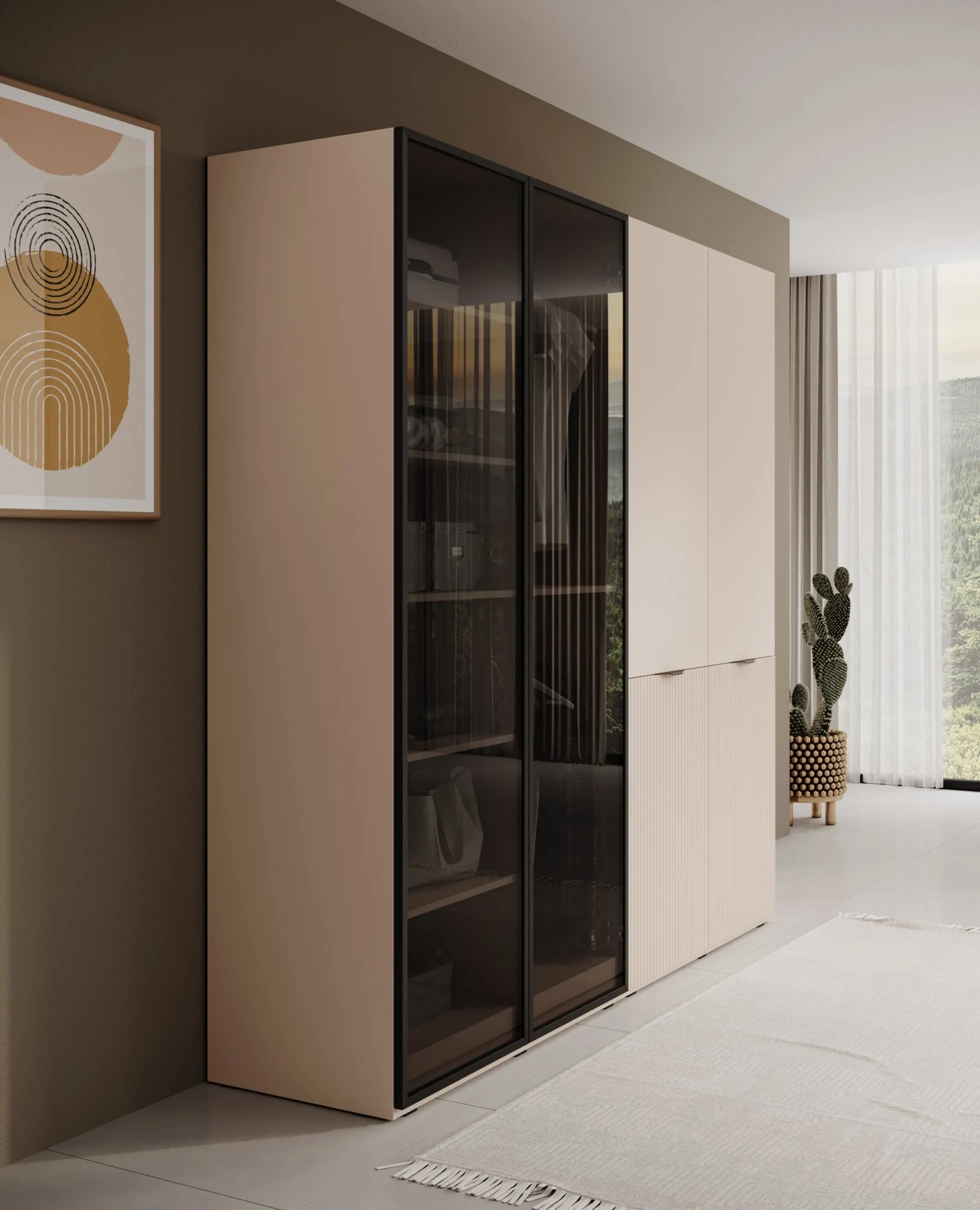 Shelton - Kledingkast 4-deurs van glas - Beige