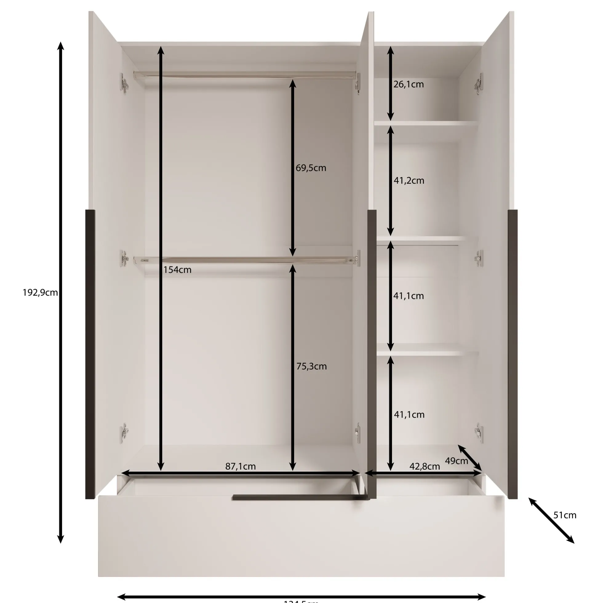 Skyer - Kledingkast 3-deurs - Wit - 135x51x193 cm