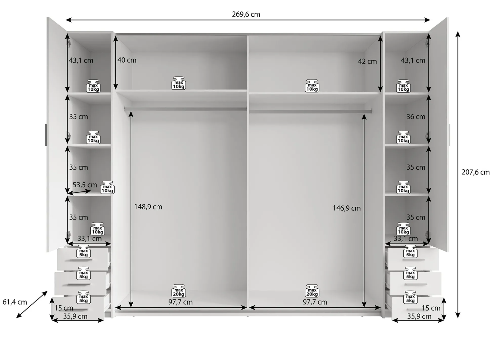 Stoke 2 - Kledingkast 4-deurs - Wit - 270x61x208 cm