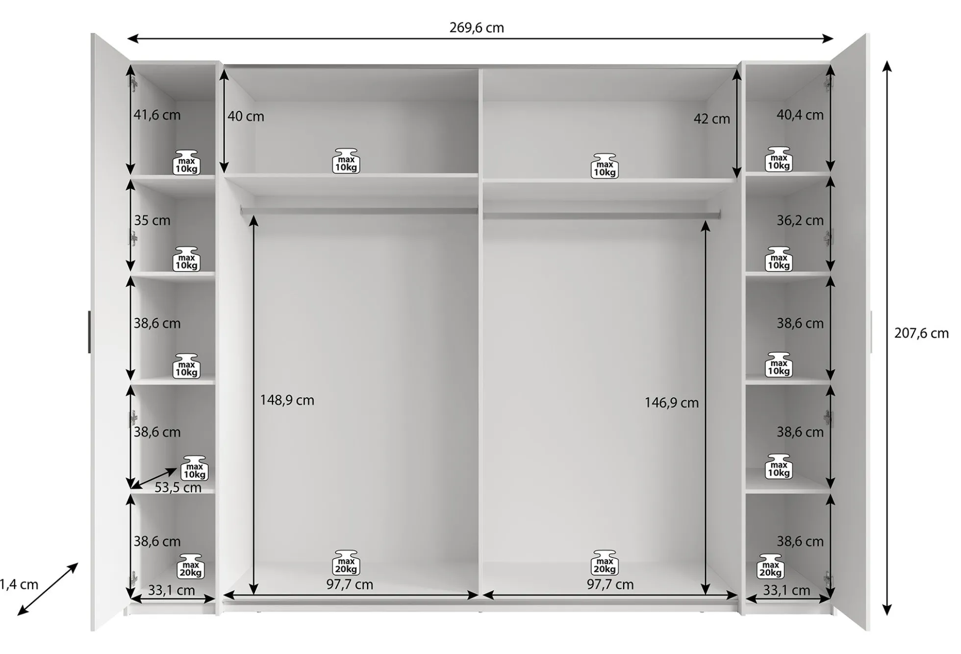 Stoke - Kledingkast met schuifdeuren - Wit - 270x61x208 cm