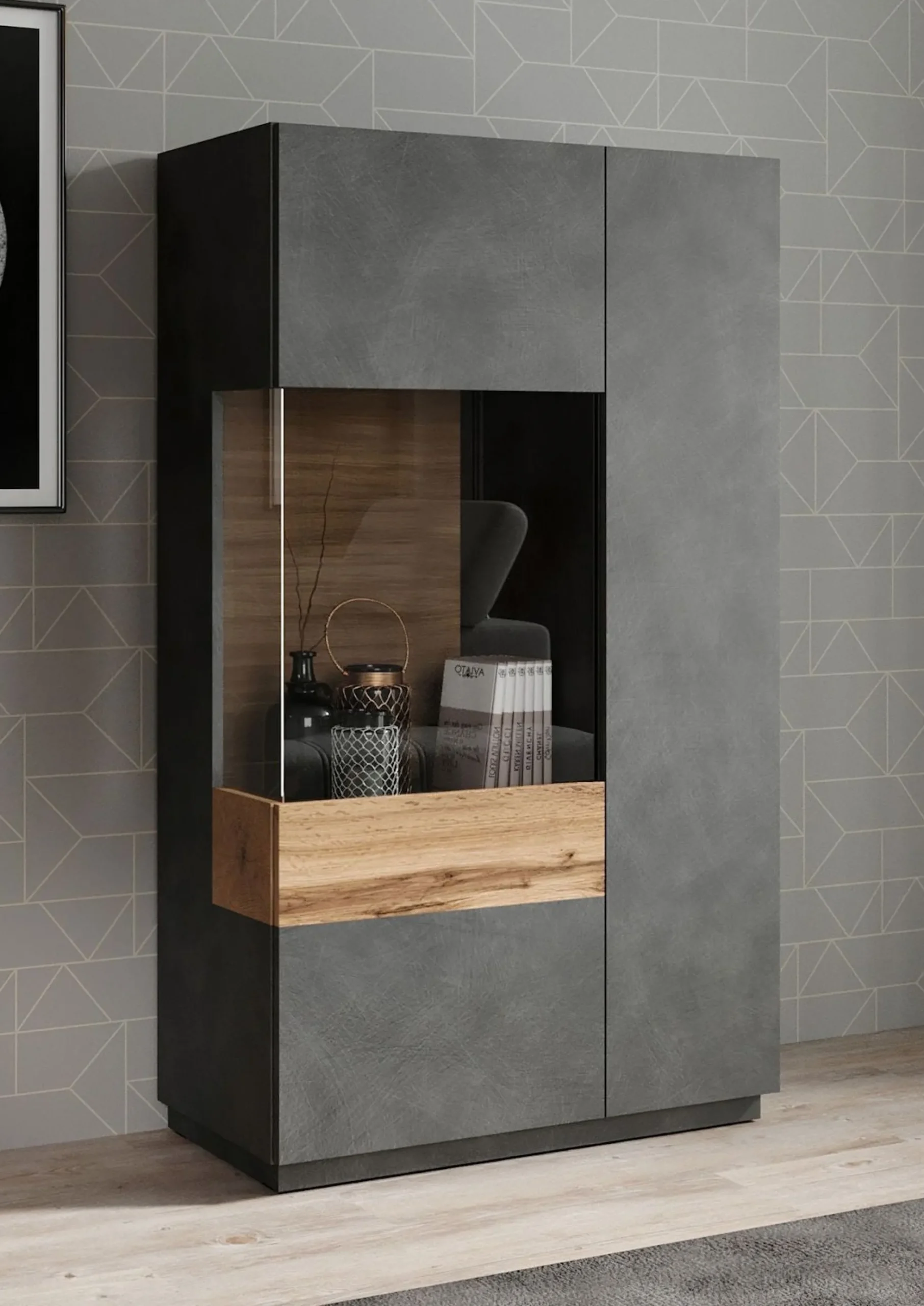 Sublime - Vitrinekast - Grijs/eiken - 80x40x138 cm