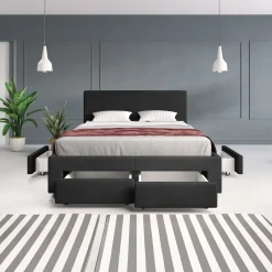 Suente - Tweepersoonsbed met 4 lades - Stof zwart - 140x200 cm
