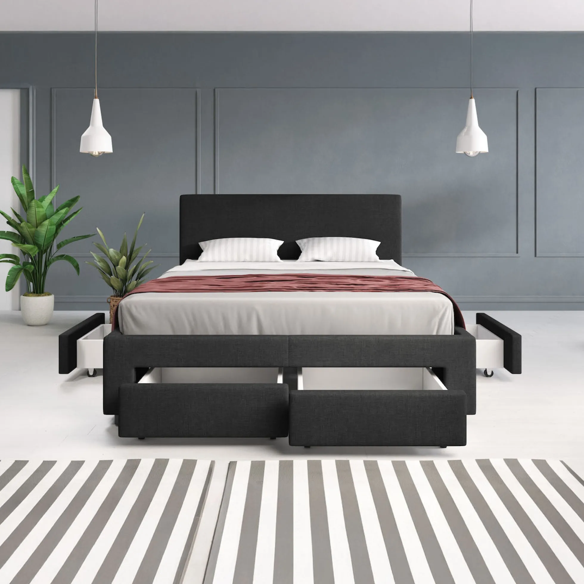 Suente - Tweepersoonsbed met 4 lades - Stof zwart - 140x200 cm