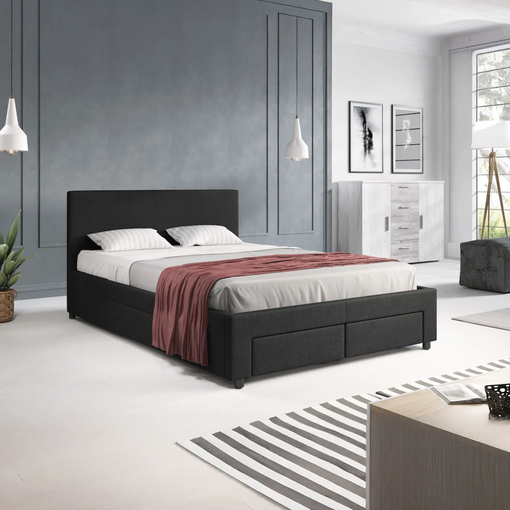 Suente - Tweepersoonsbed met 4 lades - Stof zwart - 140x200 cm