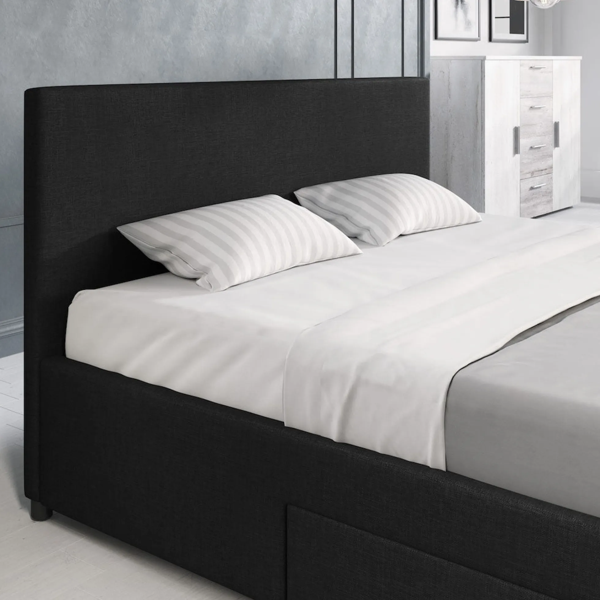 Suente - Tweepersoonsbed met 4 lades - Stof zwart - 140x200 cm