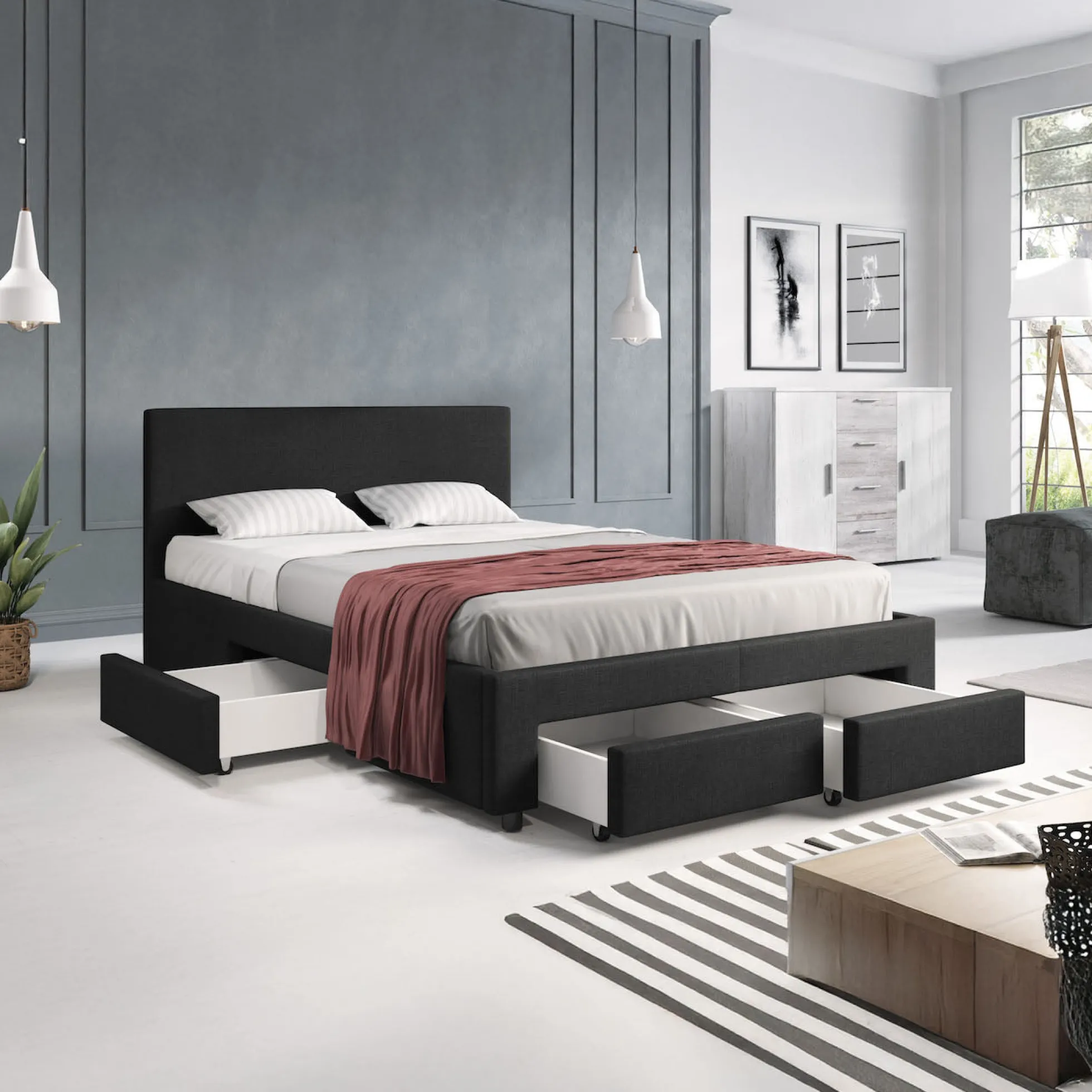 Suente - Tweepersoonsbed met 4 lades - Stof zwart - 140x200 cm