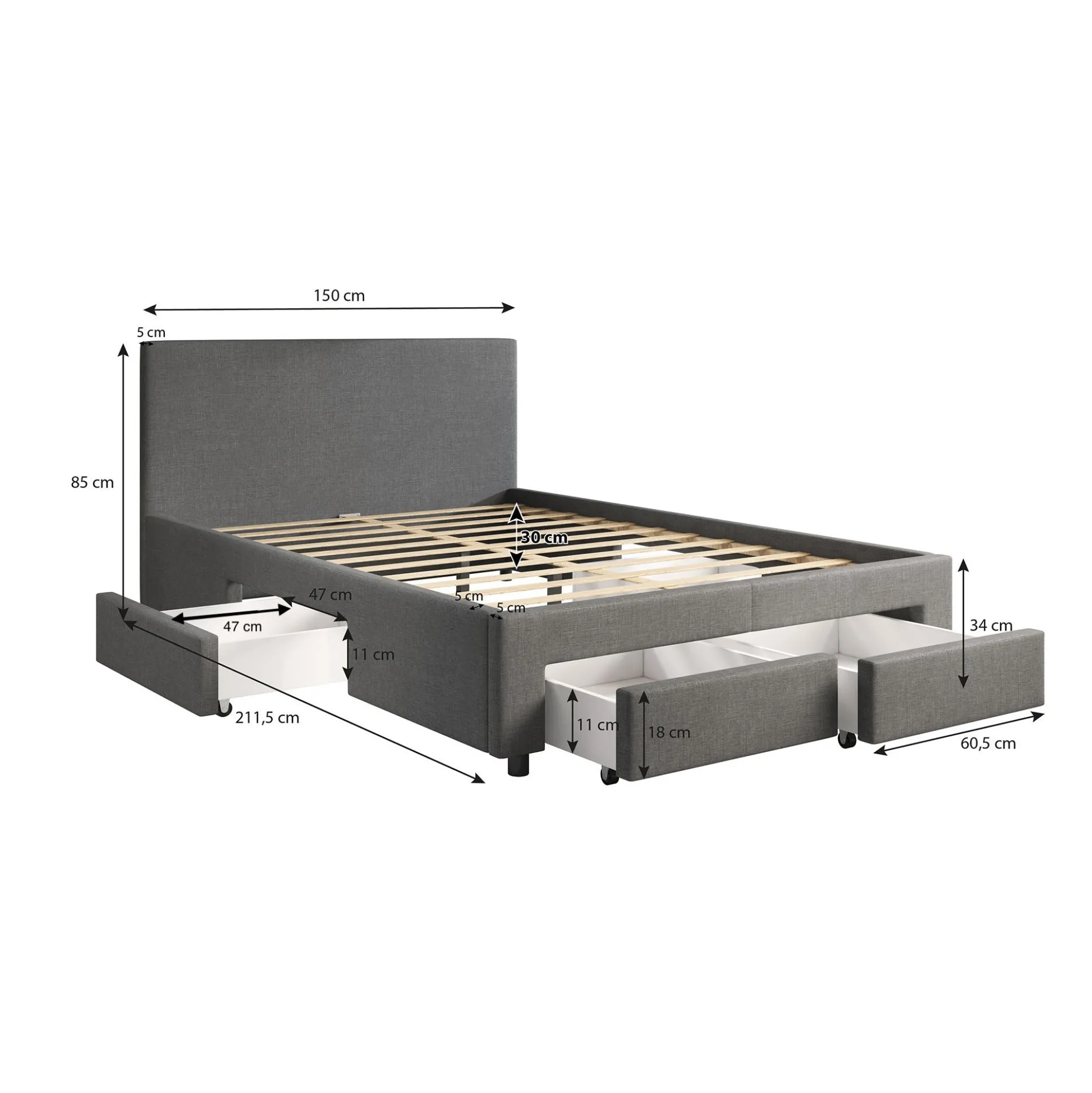 Suente - Tweepersoonsbed met 4 lades - Stof zwart - 140x200 cm