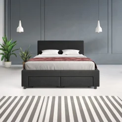 Suente - Tweepersoonsbed met 4 lades - Stof zwart - 140x200 cm