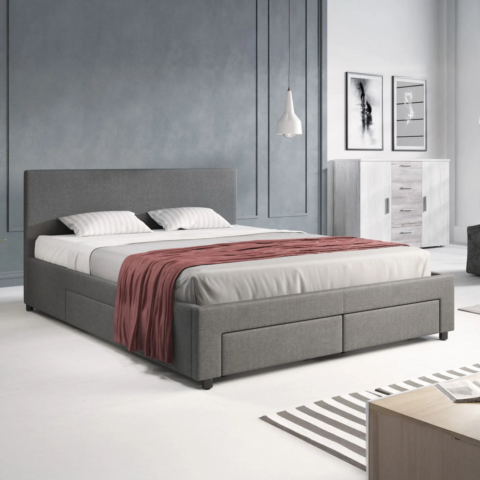 Suente - Tweepersoonsbed met 4 lades - Stof grijs - 180x200 cm