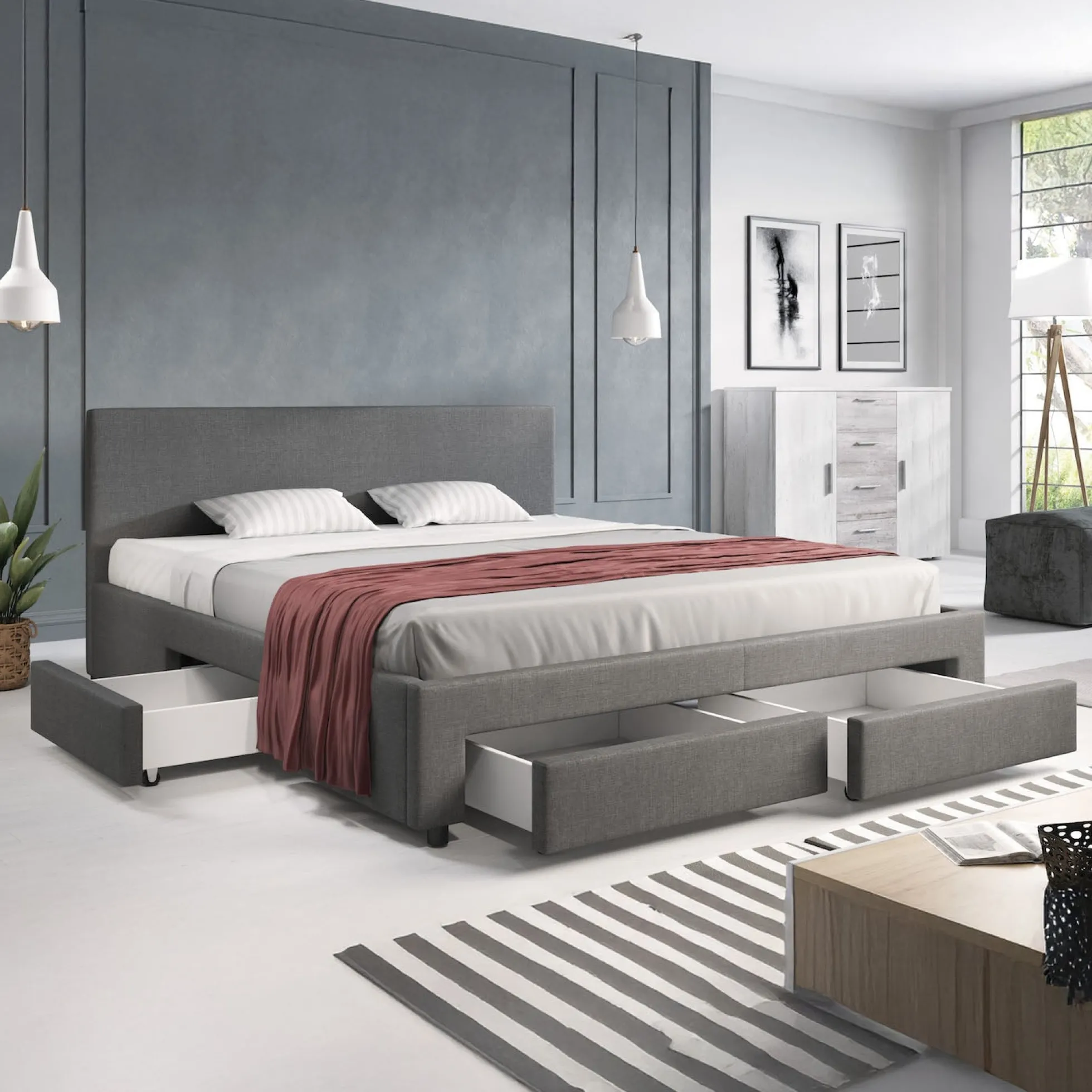 Suente - Tweepersoonsbed met 4 lades - Stof grijs - 180x200 cm