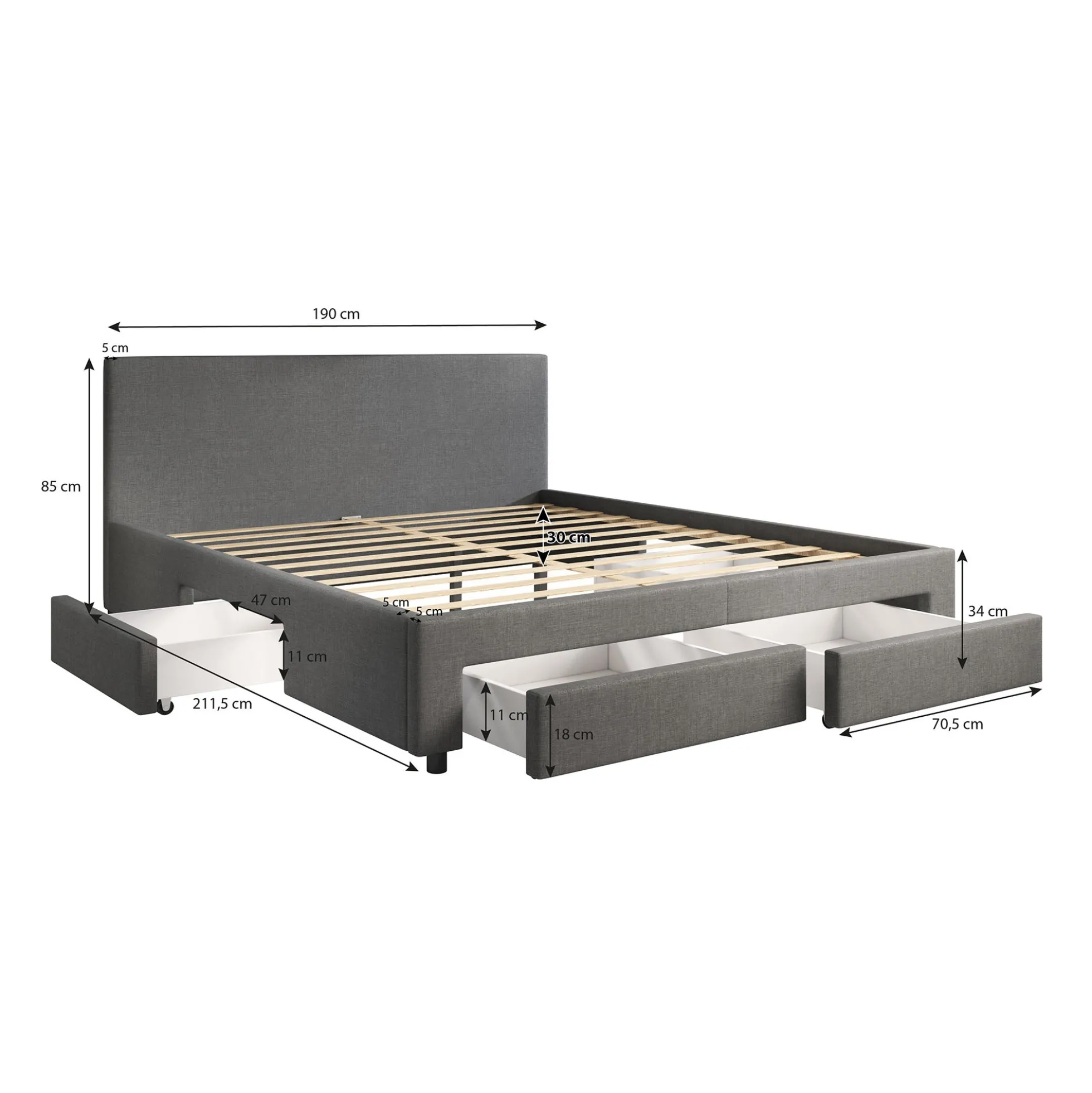 Suente - Tweepersoonsbed met 4 lades - Stof zwart - 180x200 cm