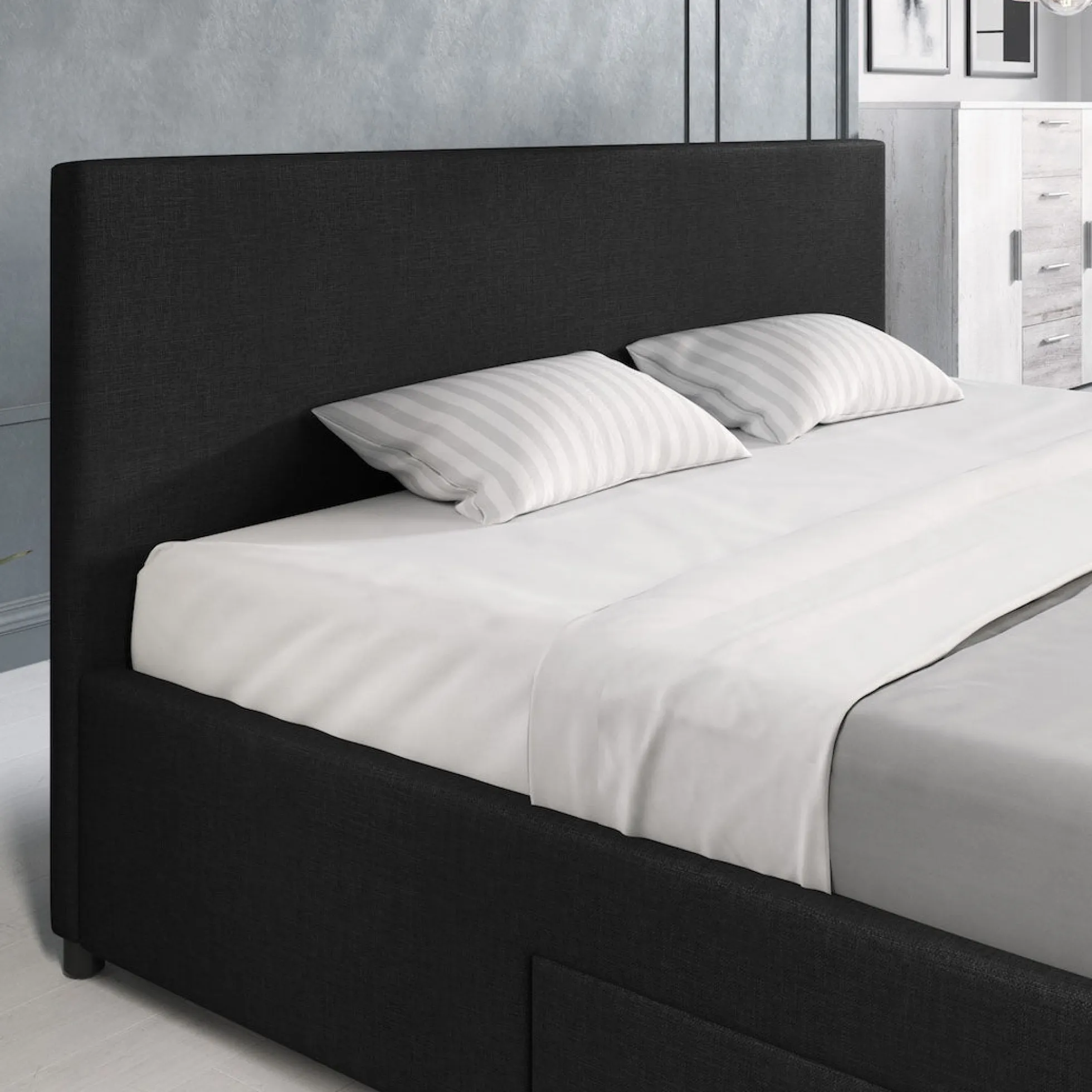 Suente - Tweepersoonsbed met 4 lades - Stof zwart - 180x200 cm
