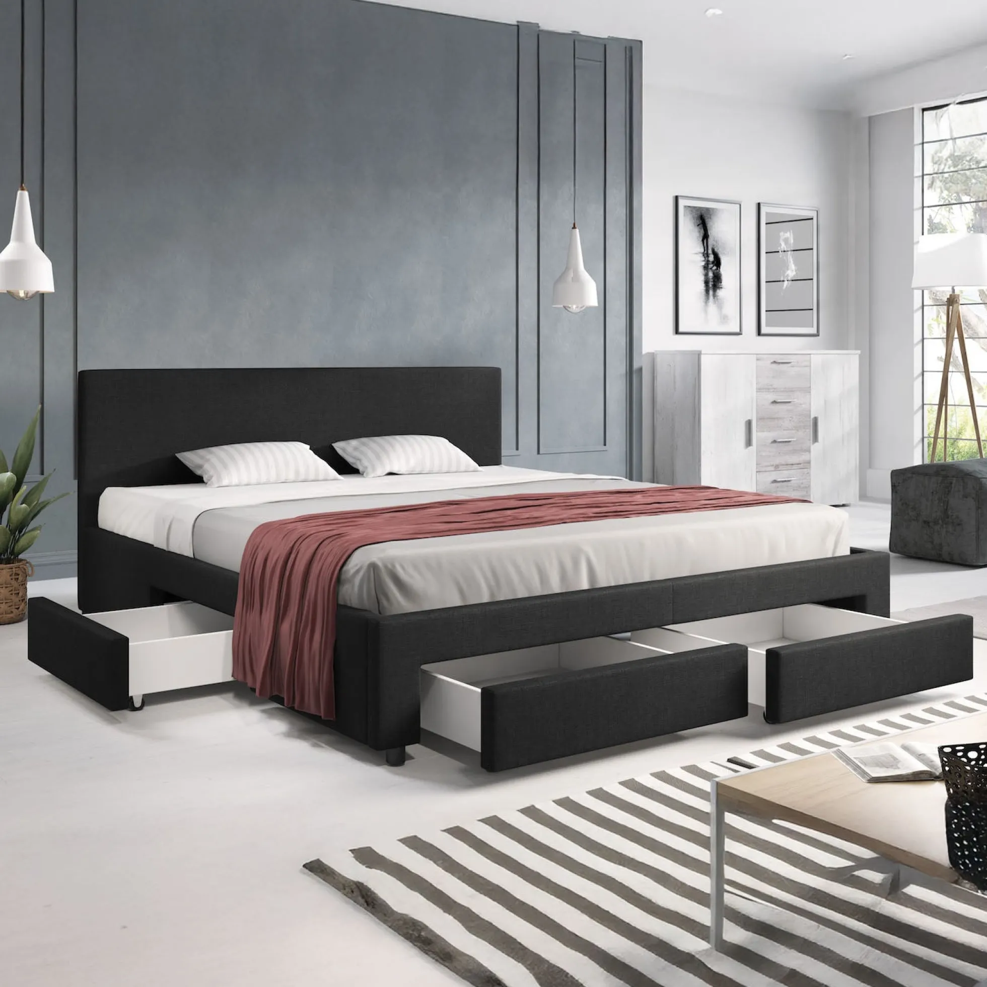 Suente - Tweepersoonsbed met 4 lades - Stof zwart - 180x200 cm