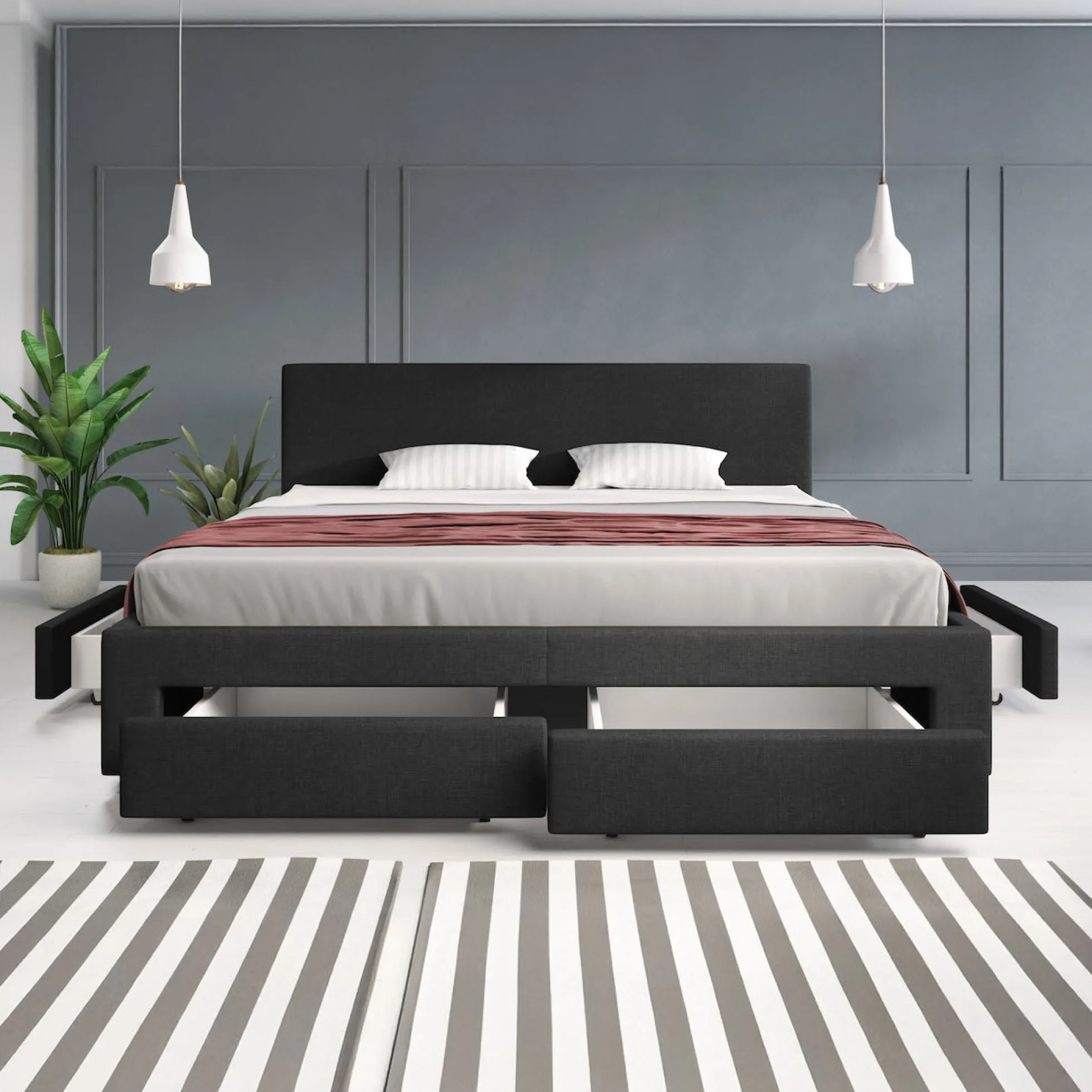 Suente - Tweepersoonsbed met 4 lades - Stof zwart - 180x200 cm