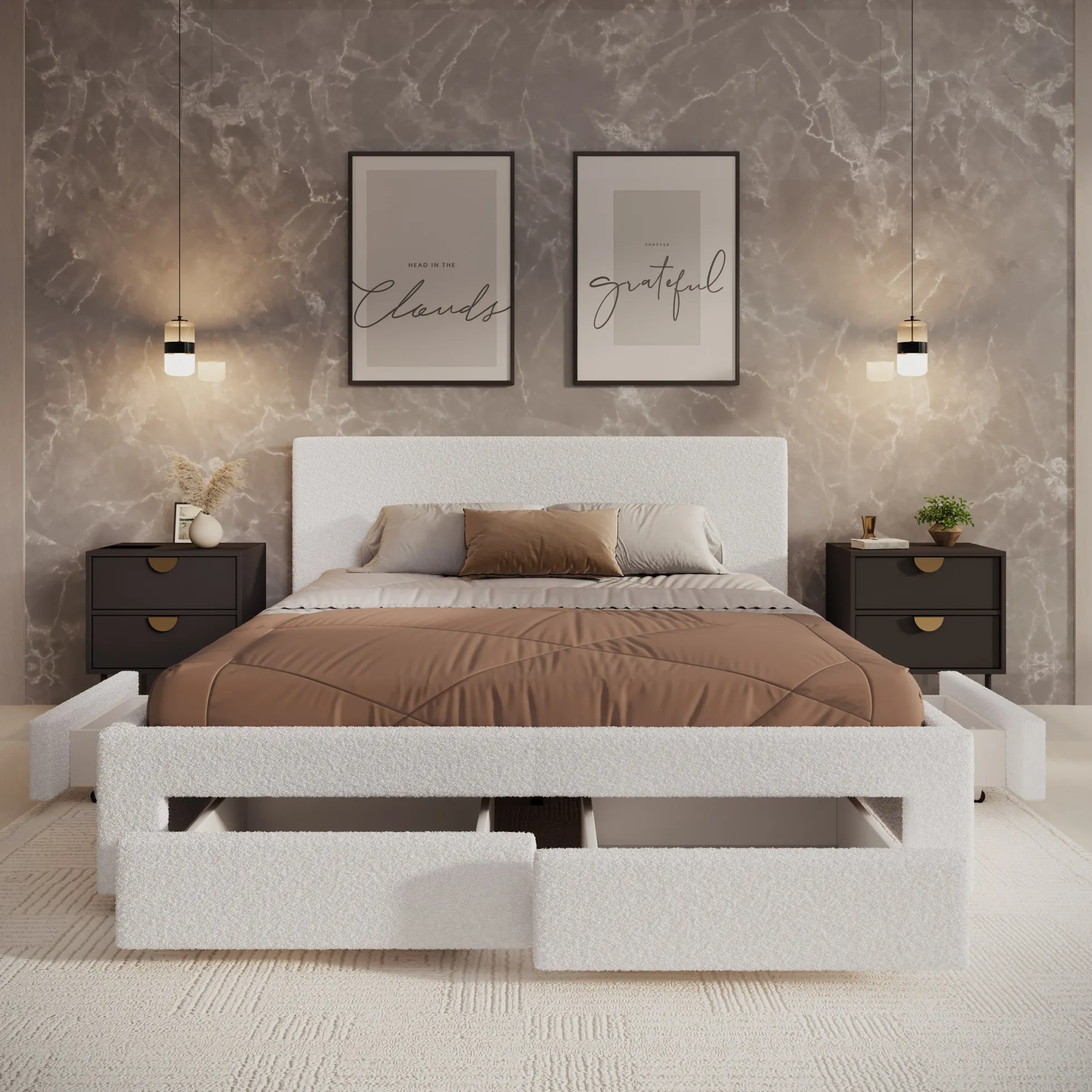 Suente - Tweepersoonsbed met 4 lades - Teddystof Wit - 160x200 cm