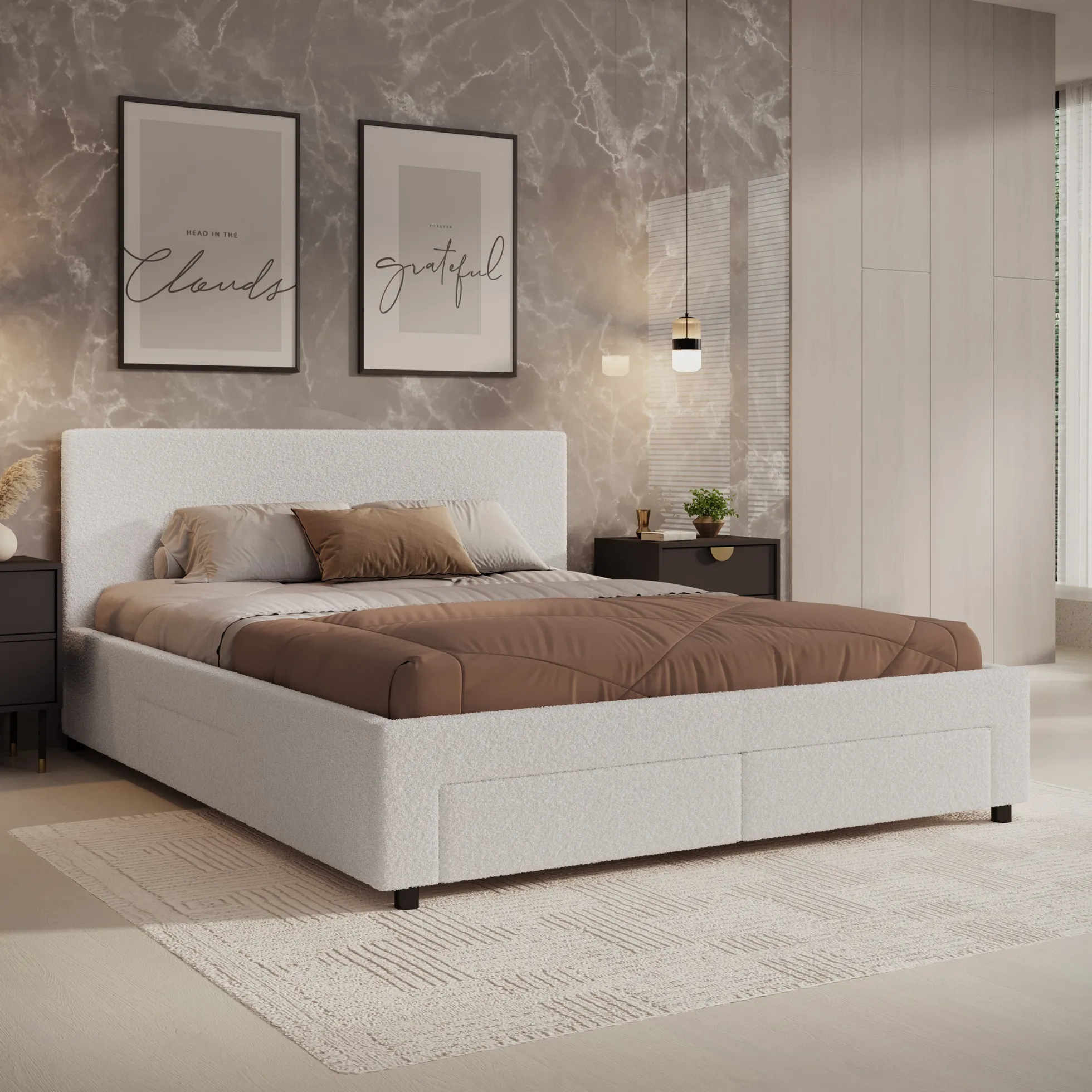 Suente - Tweepersoonsbed met 4 lades - Teddystof Wit - 160x200 cm