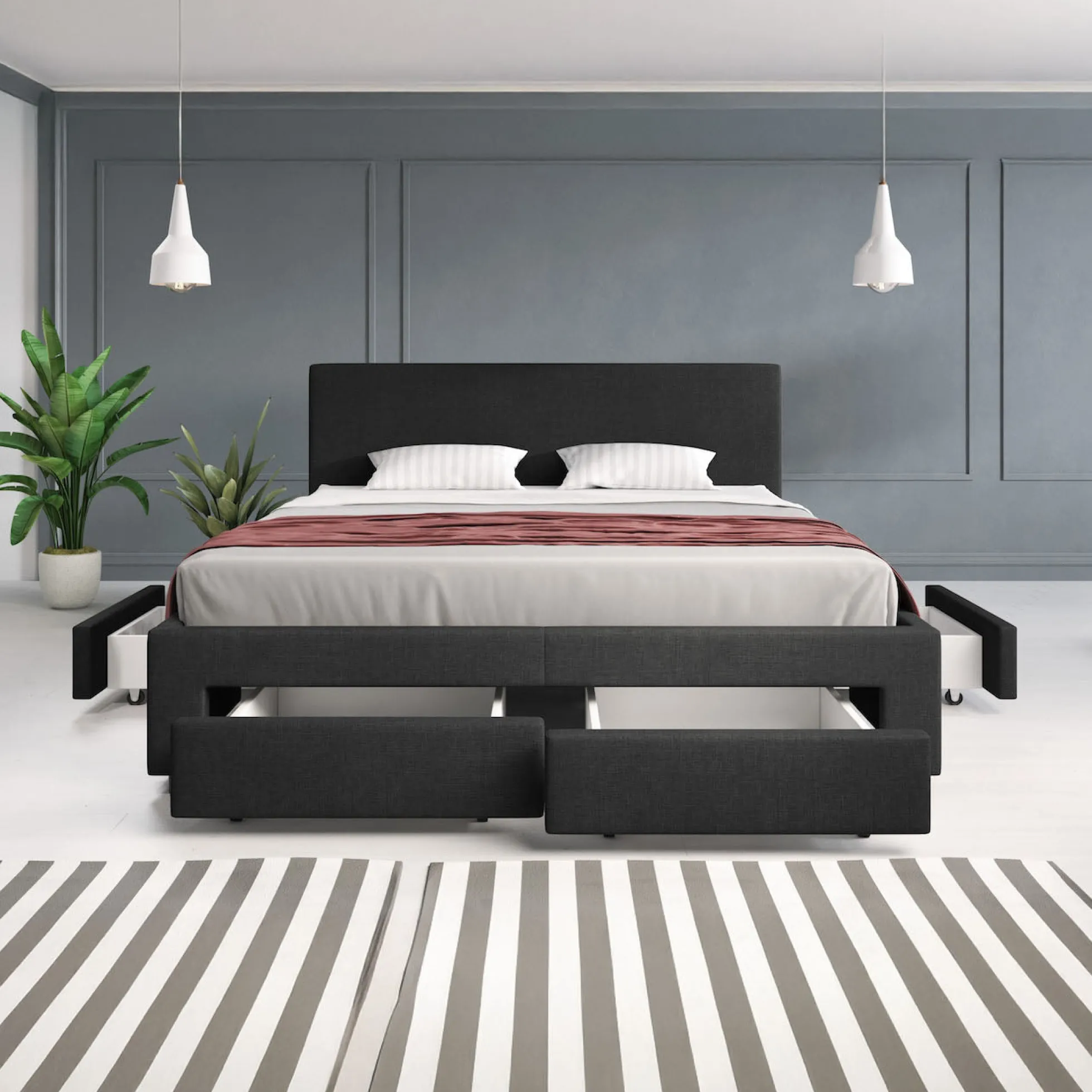 Suente - Tweepersoonsbed met 4 lades - Stof zwart - 160x200 cm