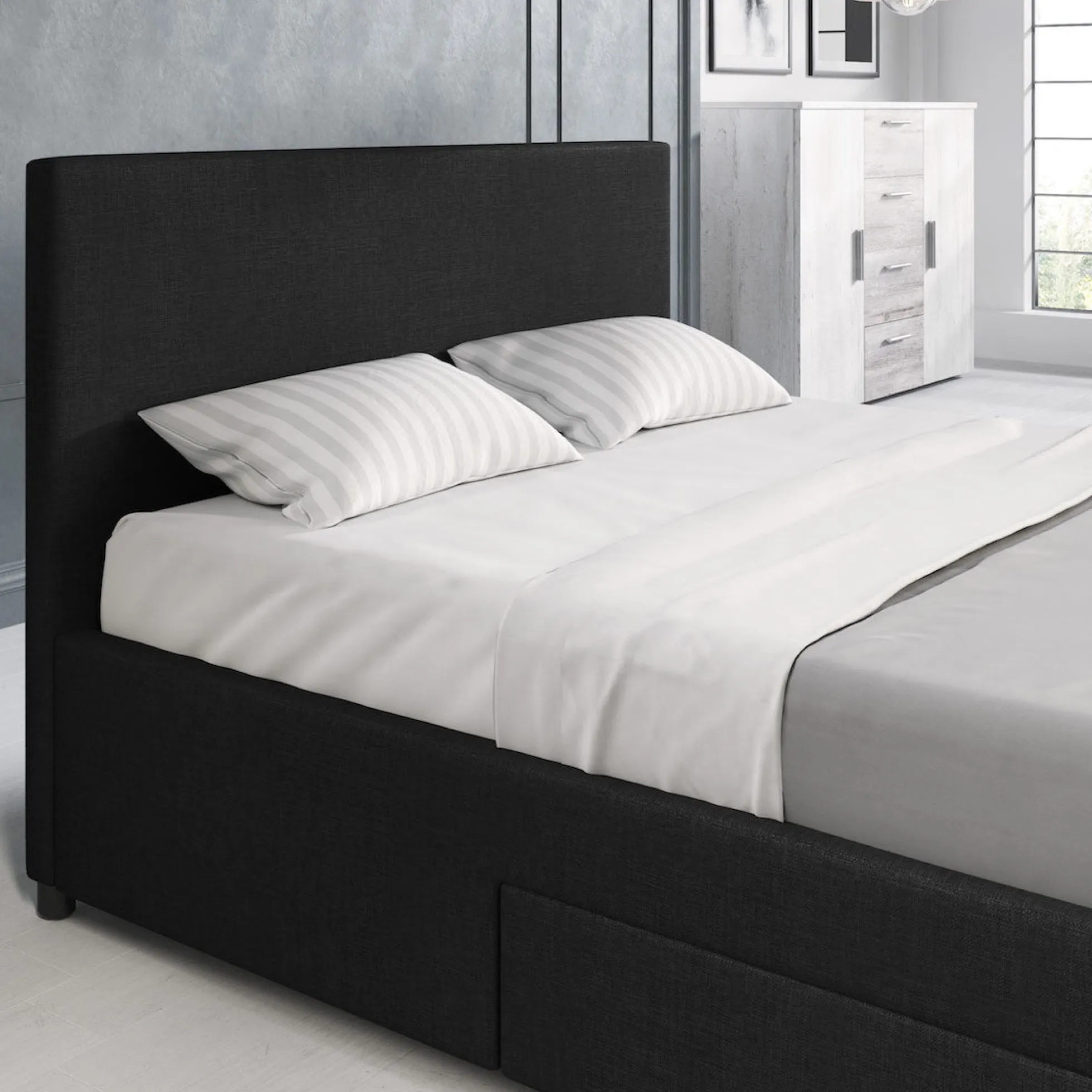 Suente - Tweepersoonsbed met 4 lades - Stof zwart - 160x200 cm