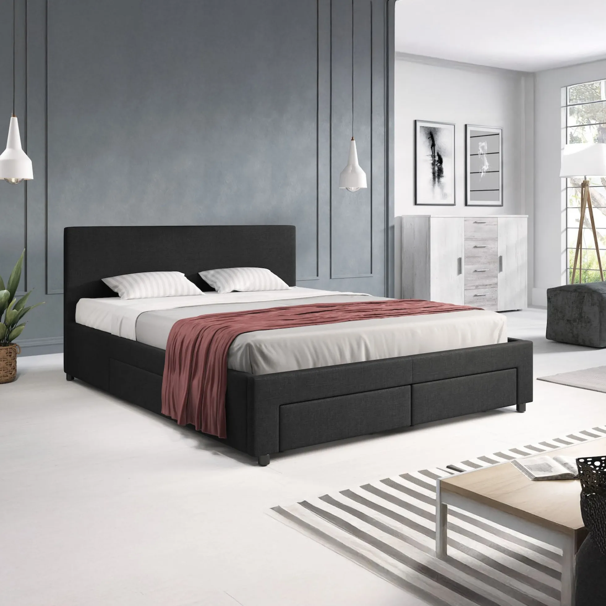 Suente - Tweepersoonsbed met 4 lades - Stof zwart - 160x200 cm