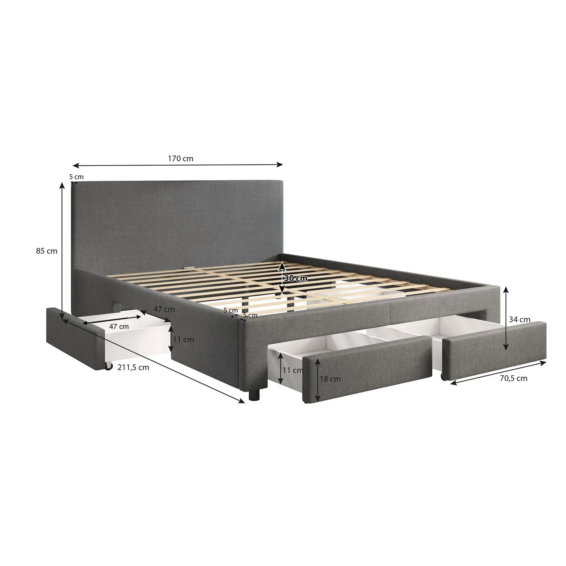 Suente - Tweepersoonsbed met 4 lades - Stof zwart - 160x200 cm