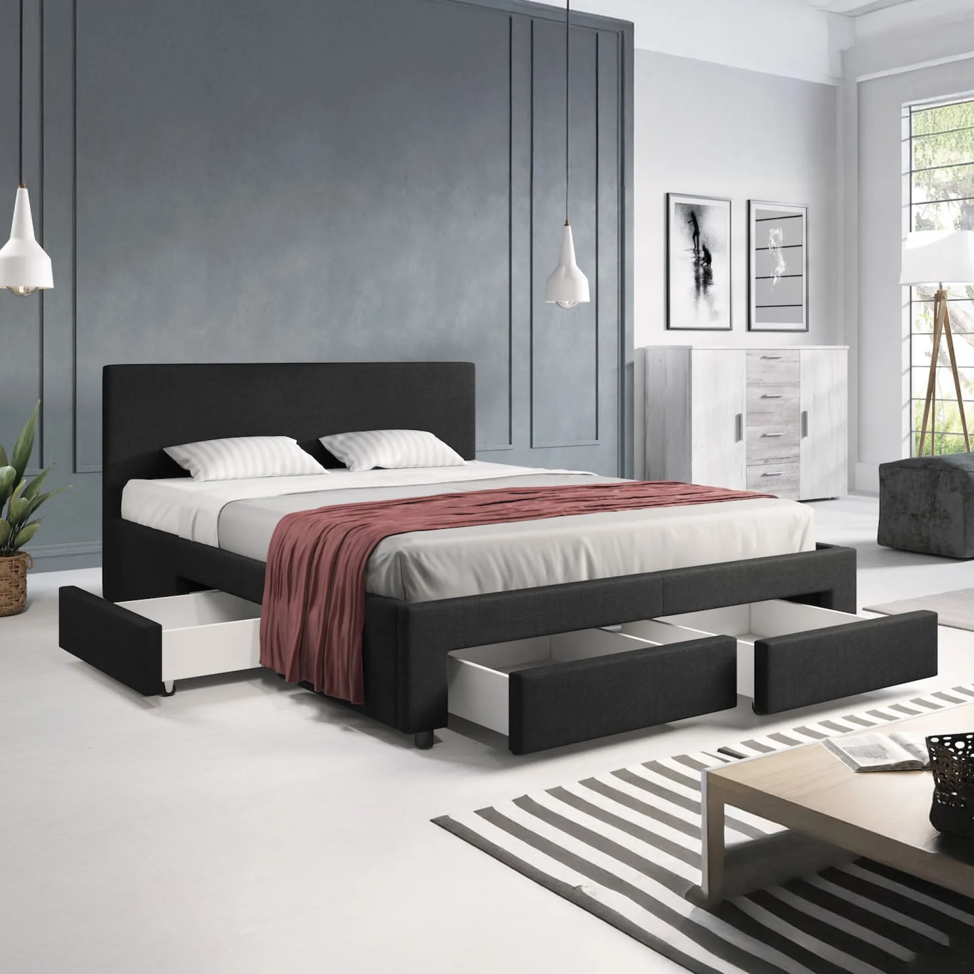 Suente - Tweepersoonsbed met 4 lades - Stof zwart - 160x200 cm