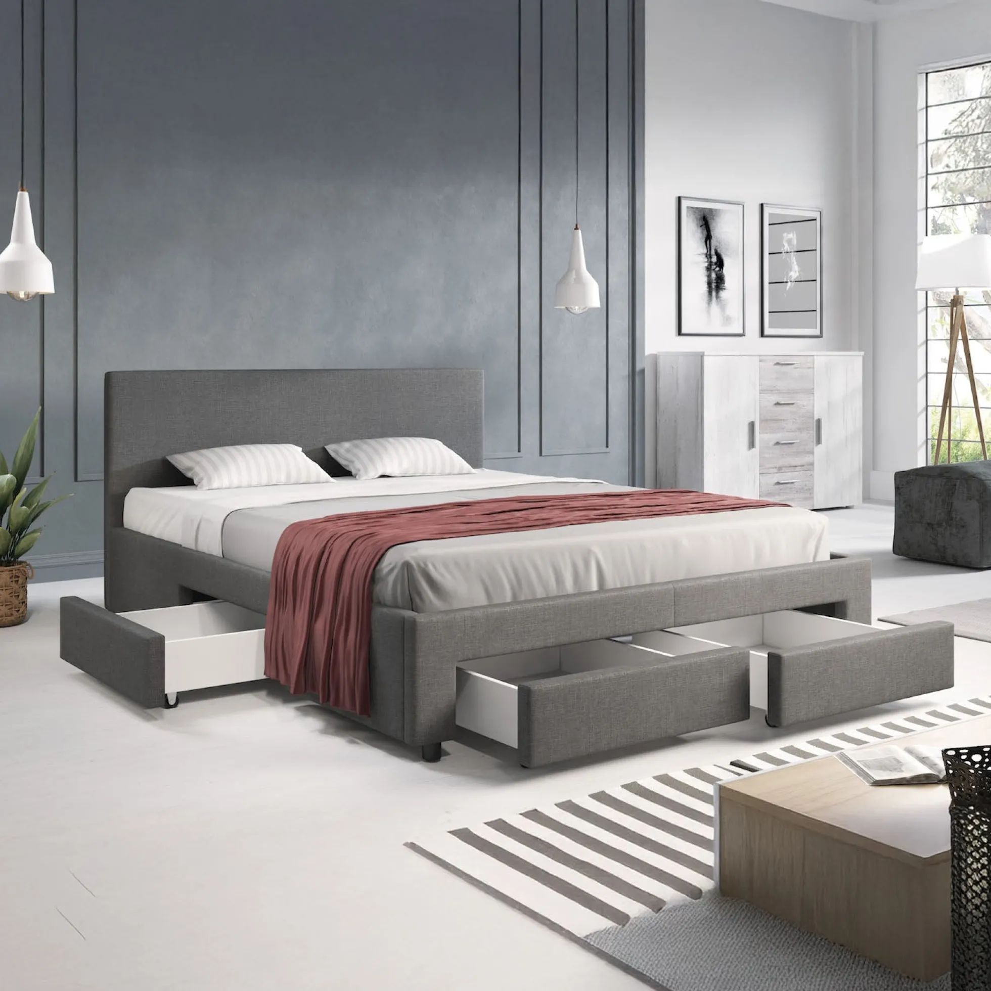 Suente - Tweepersoonsbed met 4 lades - Stof grijs - 160x200 cm