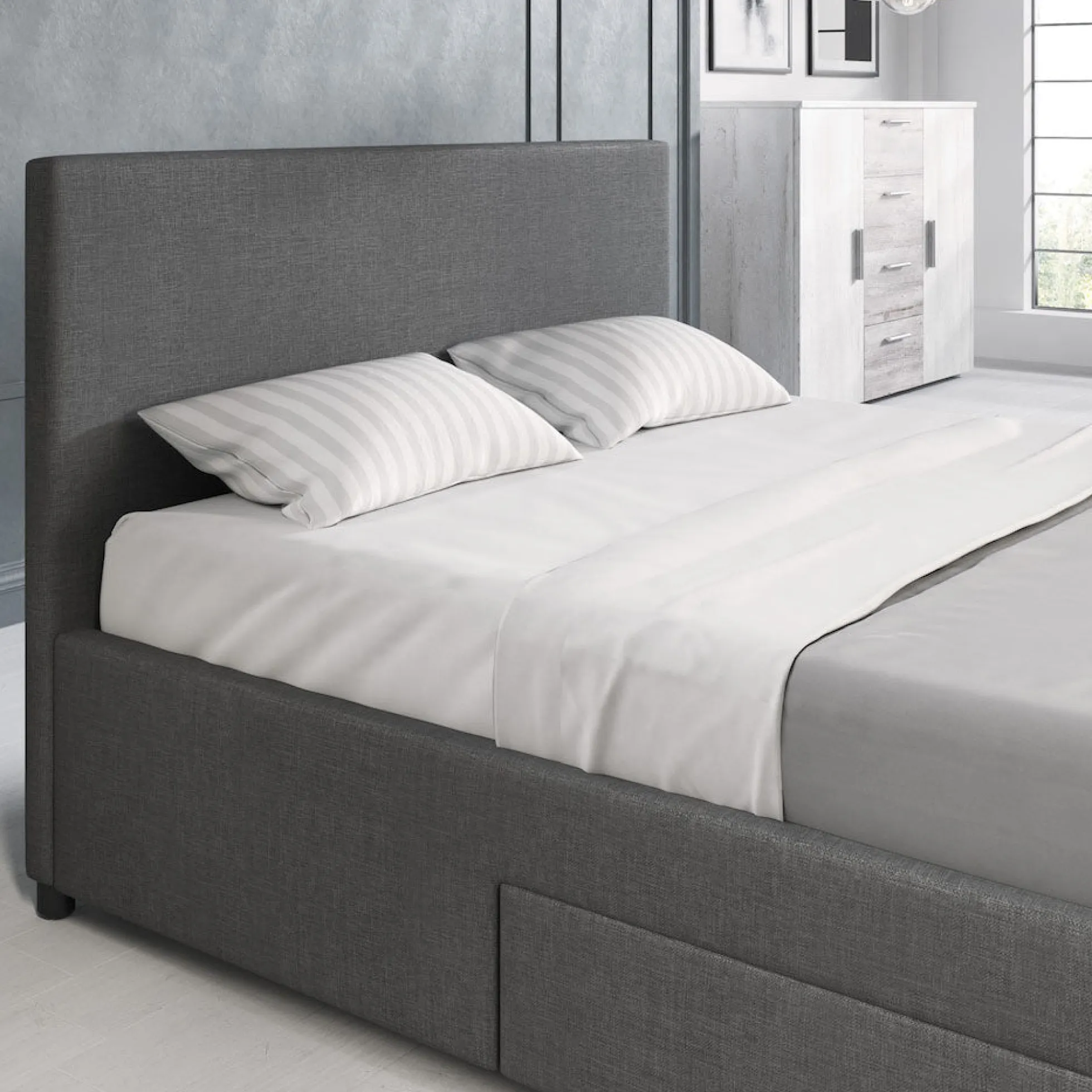 Suente - Tweepersoonsbed met 4 lades - Stof grijs - 140x200 cm